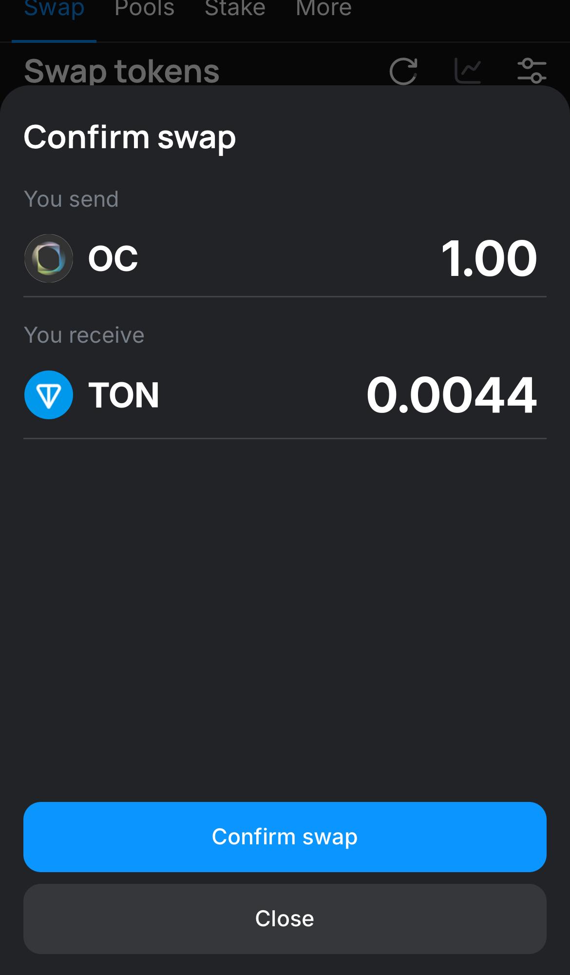 Haz clic en ‘Swap‘, revisa los detalles y confirma la transacción haciendo clic en el botón ‘Confirm swap‘.