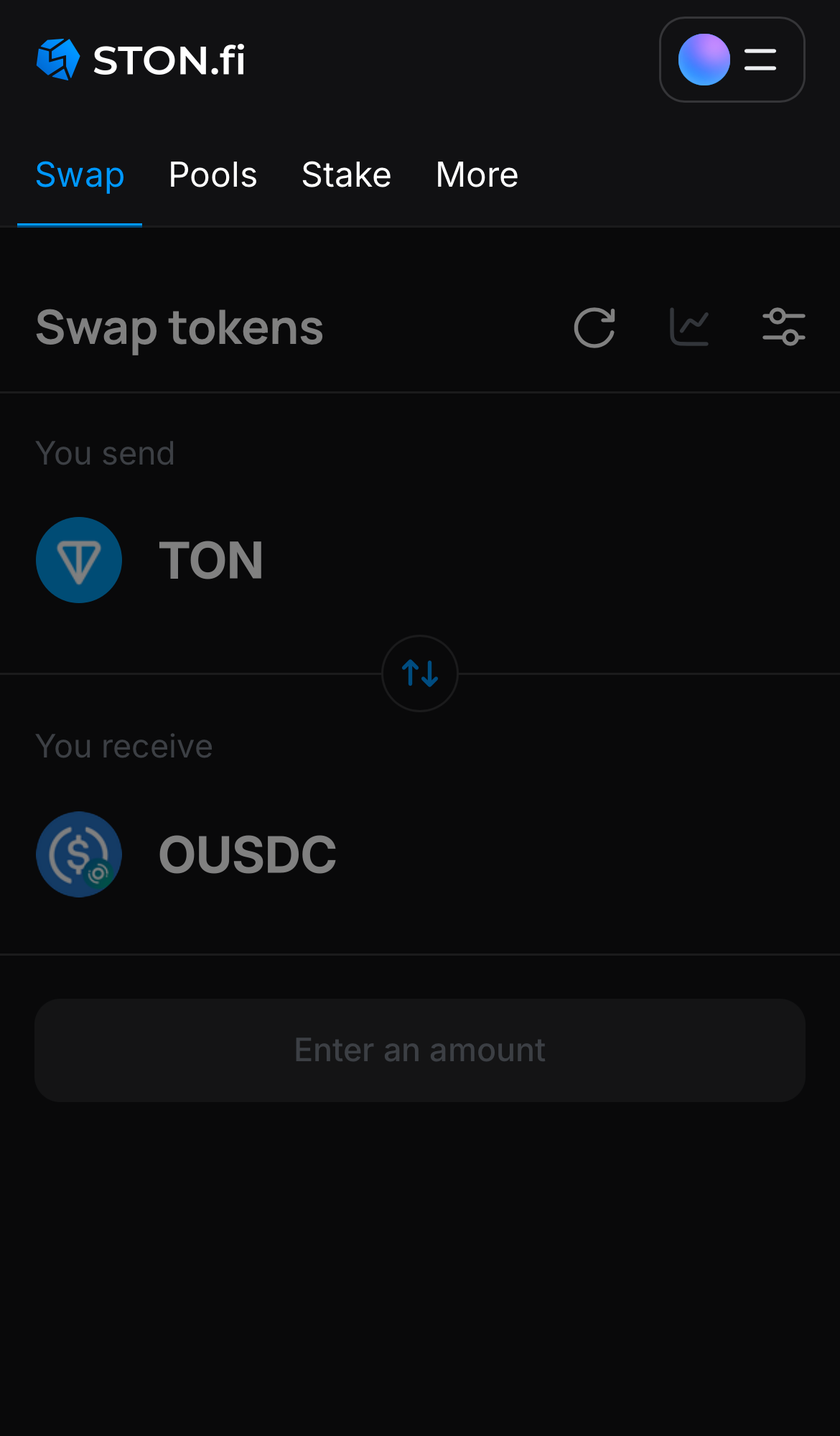 افتح تطبيق STON.fi واذهب إلى تبويب "Swap".