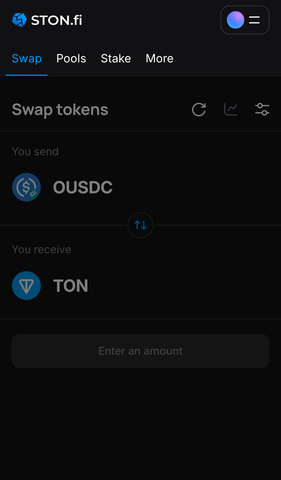 افتح تطبيق STON.fi واذهب إلى تبويب "Swap".