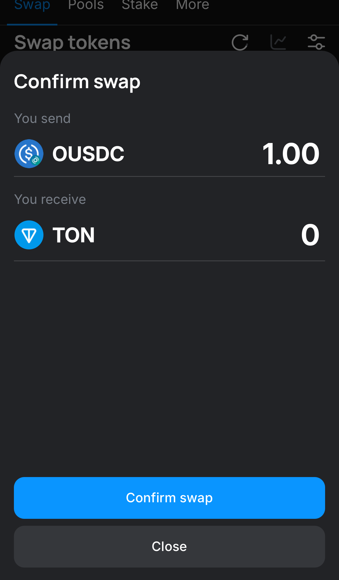 اضغط على "Swap"، وتأكد من صحة التفاصيل، ثم أكد المعاملة بالضغط على زر "Confirm swap".