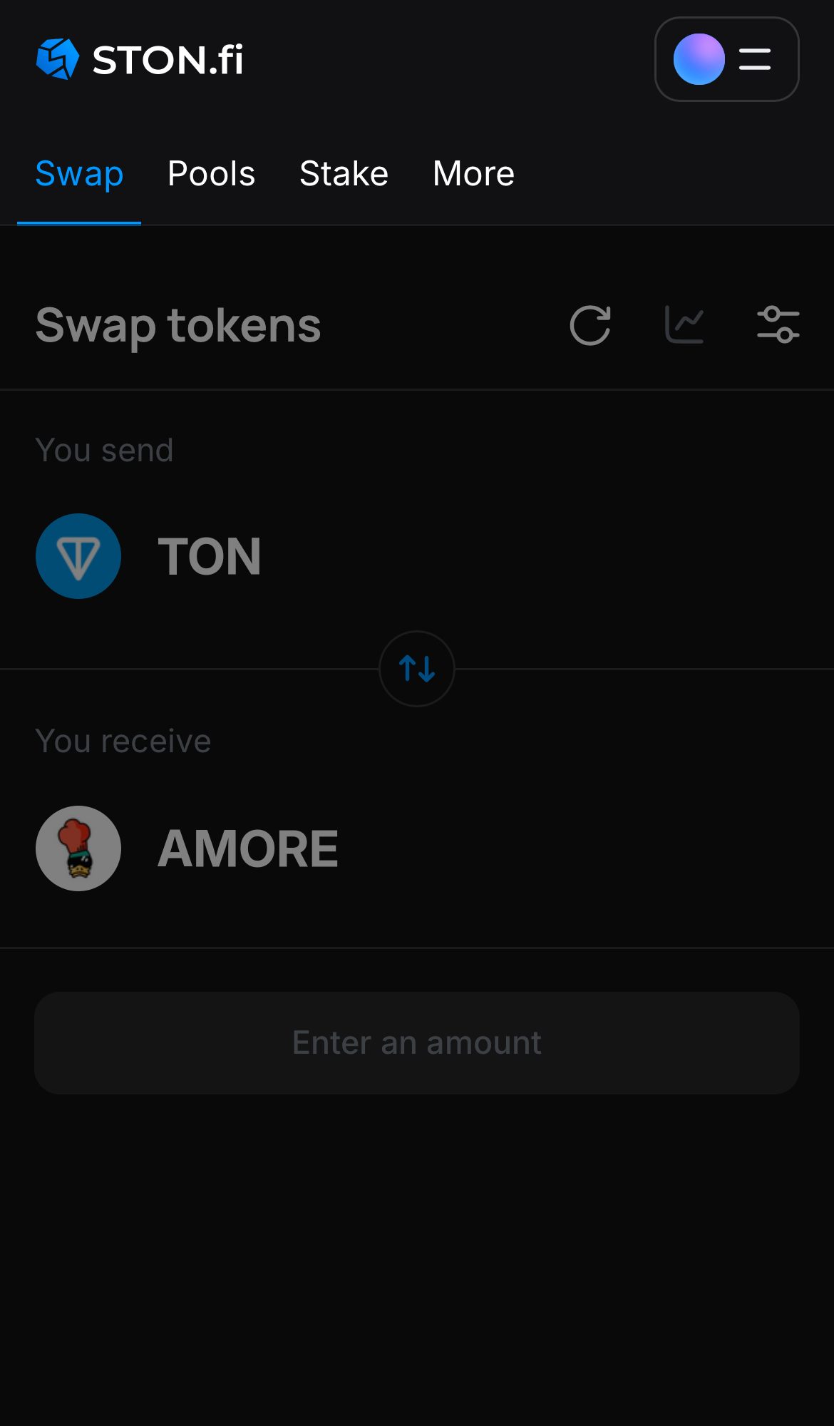 Open the STON.fi app and navigate to the ‘Swap‘ tab.