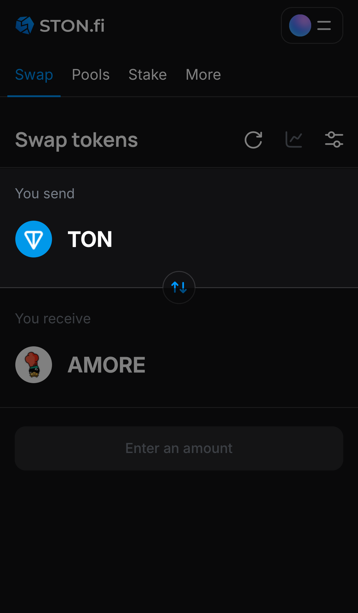 Choose a token in the ‘You send’ box — for example, TON.