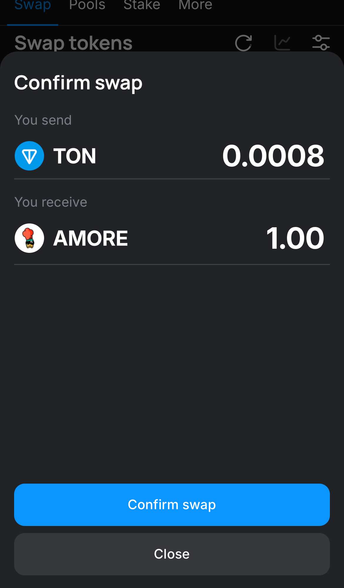 Click ‘Swap‘, double-check the details, and confirm the transaction by clicking the ‘Confirm swap‘ button.