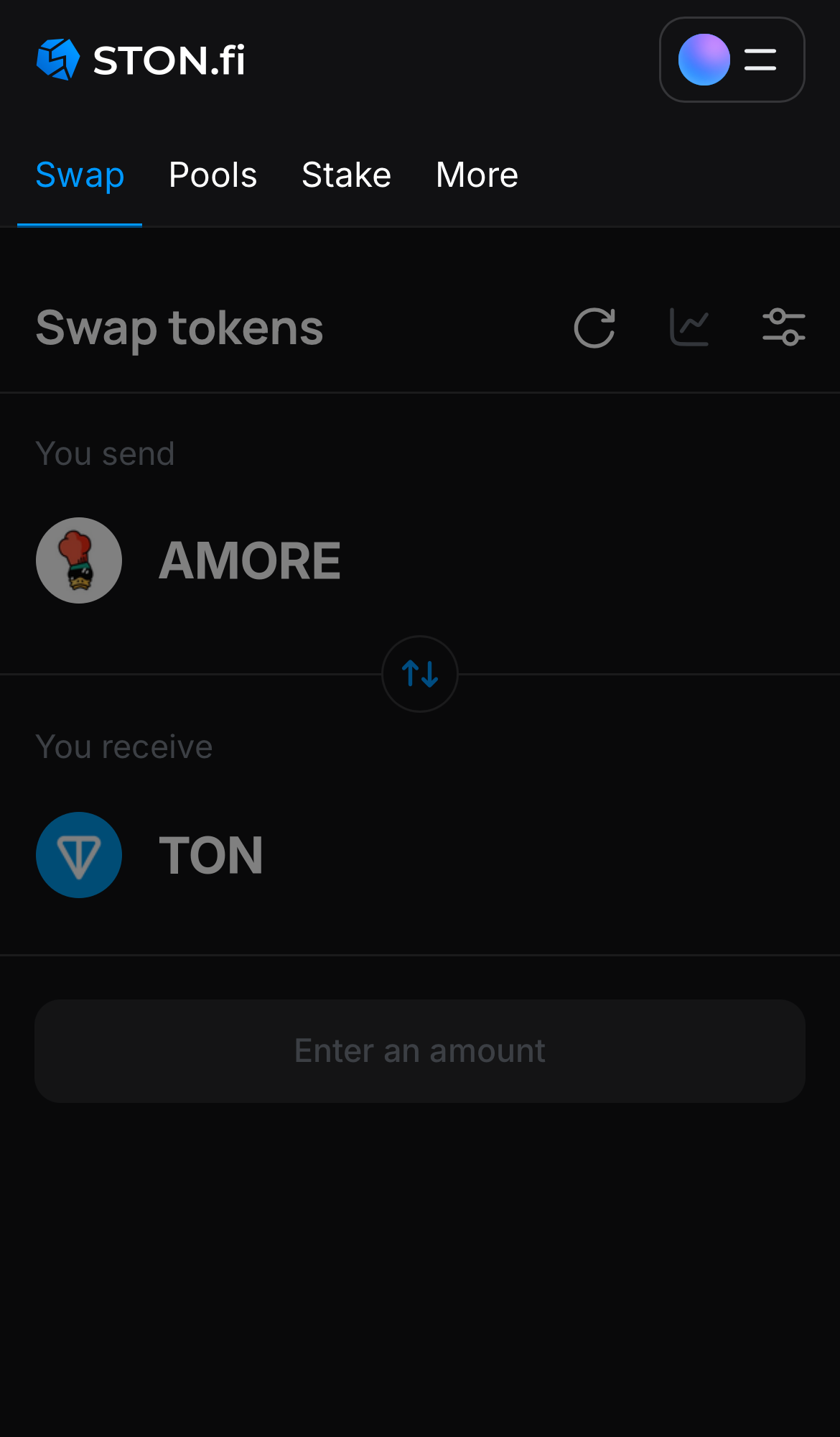 Open the STON.fi app and navigate to the ‘Swap‘ tab.