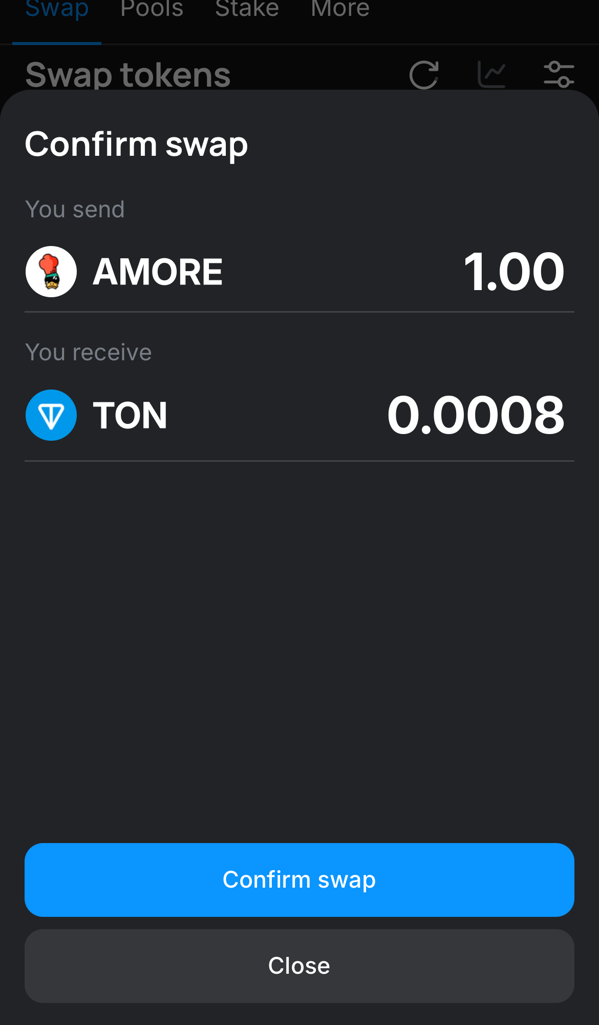 Click ‘Swap‘, double-check the details, and confirm the transaction by clicking the ‘Confirm swap‘ button.