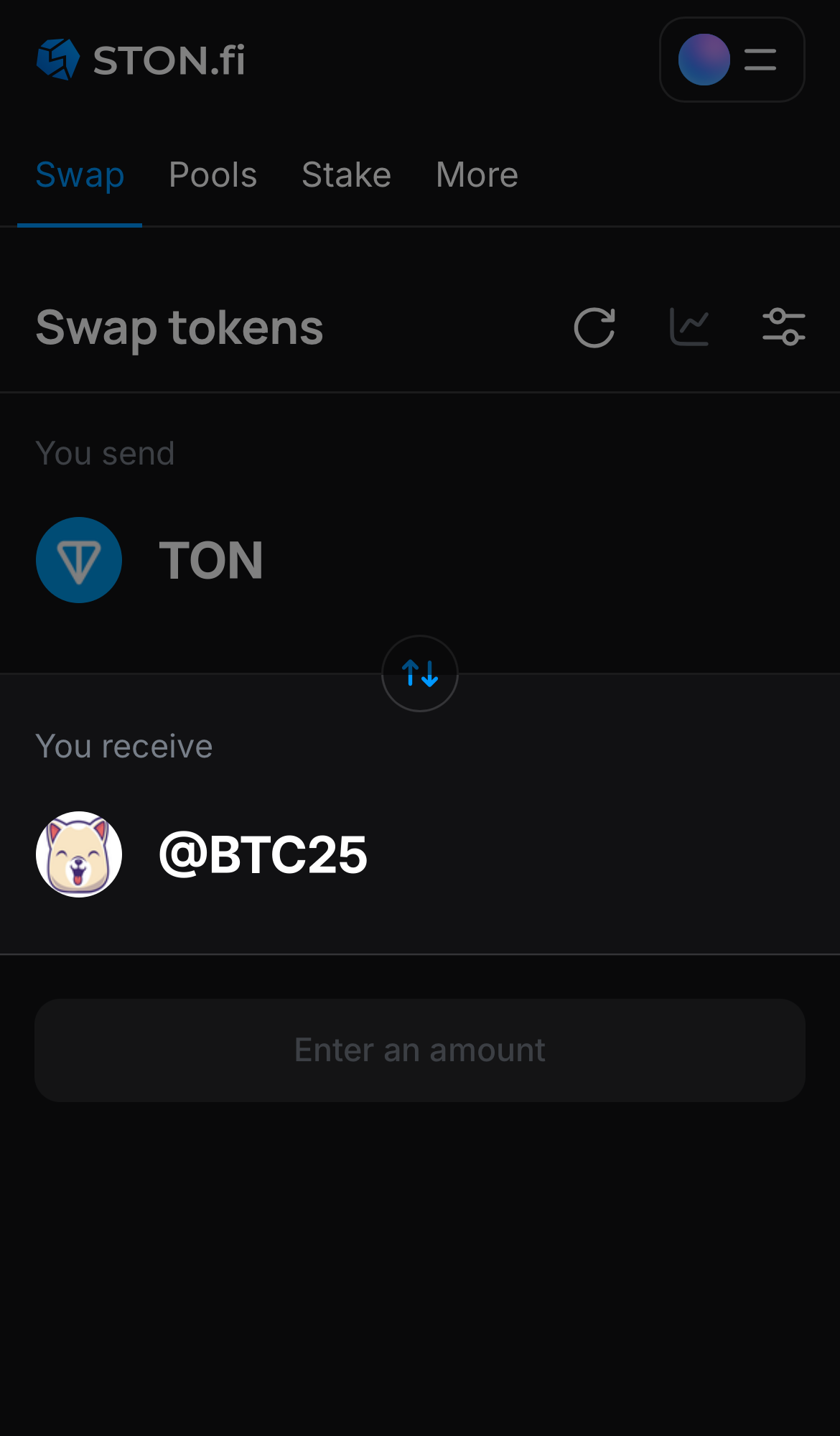 Selecione @BTC25 na caixa ‘You receive‘.