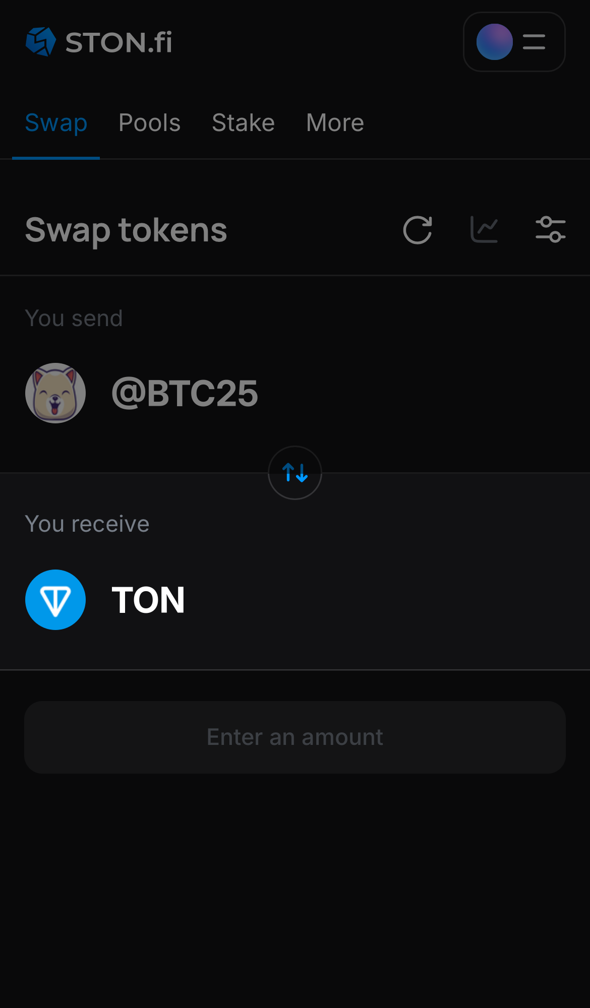 Selecione um token na caixa ‘You receive’ — por exemplo, TON.