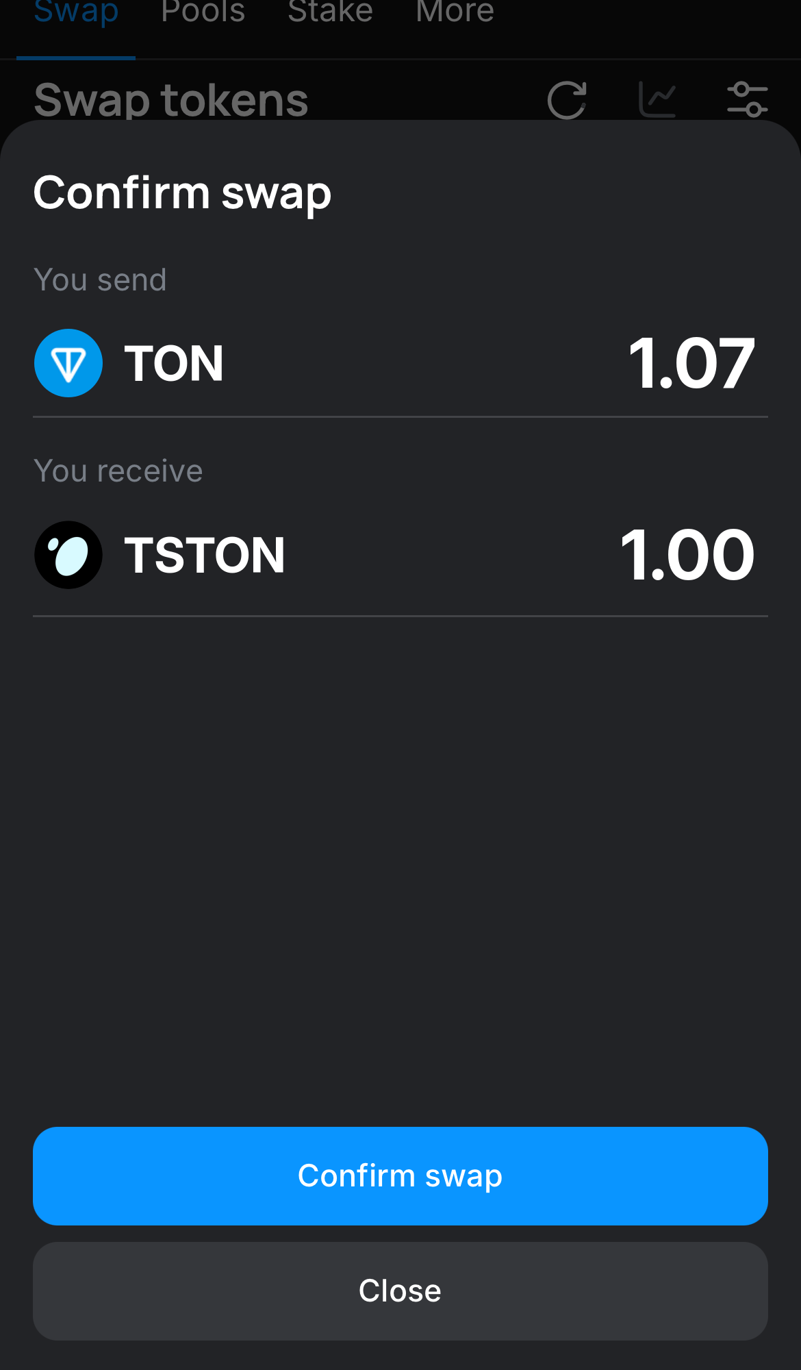 Click ‘Swap‘, double-check the details, and confirm the transaction by clicking the ‘Confirm swap‘ button.