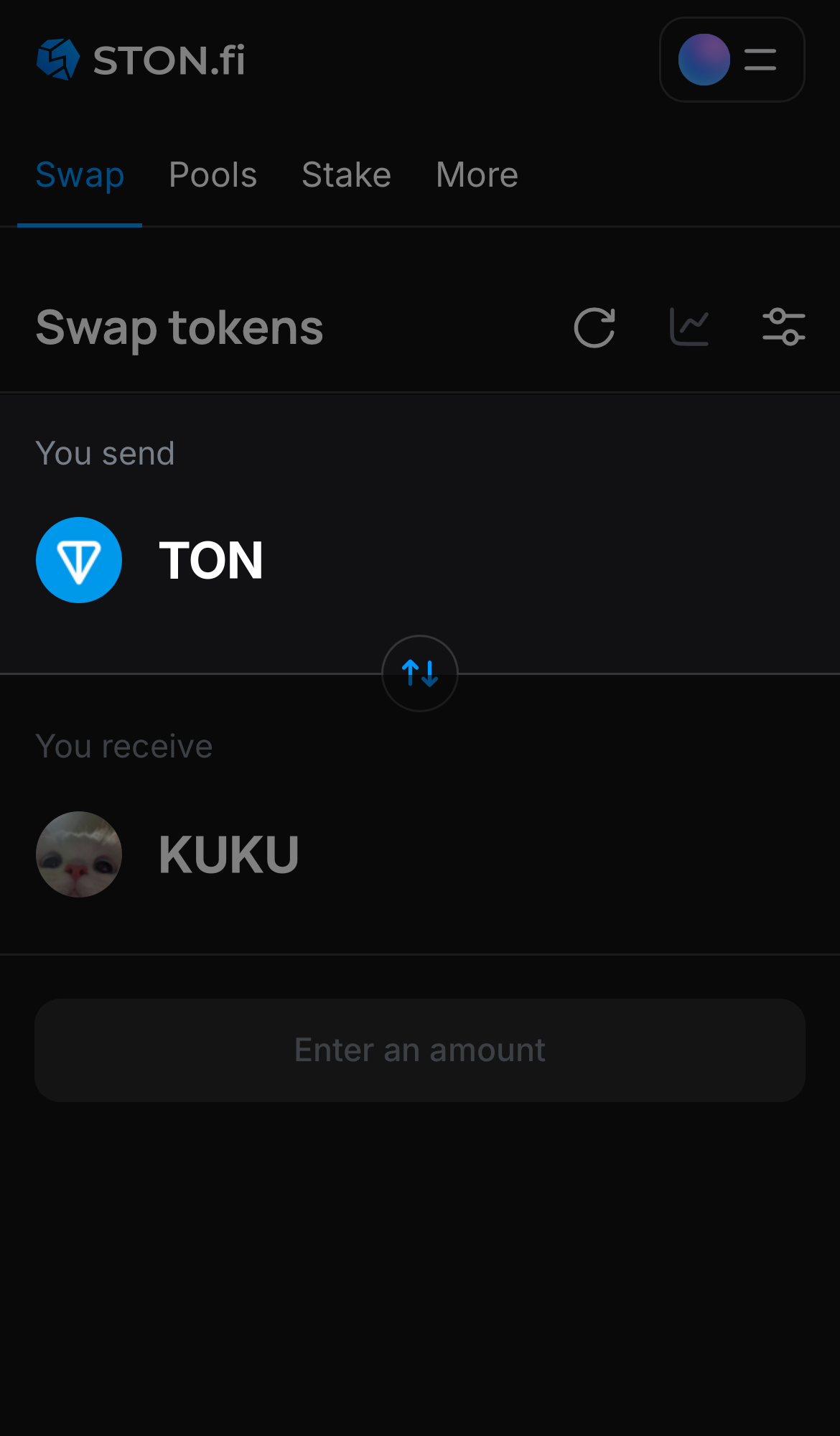 Choose a token in the ‘You send’ box — for example, TON.