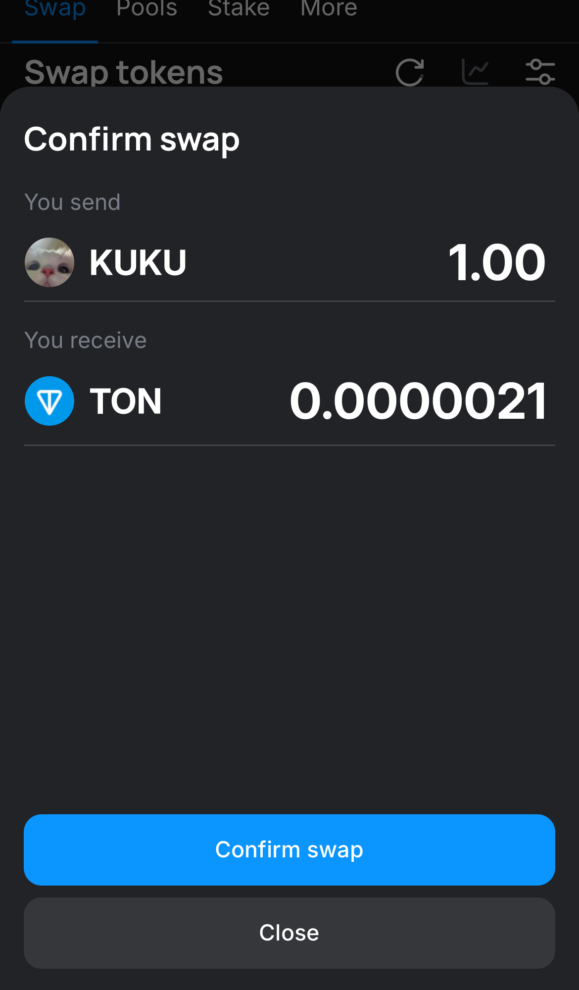 Click ‘Swap‘, double-check the details, and confirm the transaction by clicking the ‘Confirm swap‘ button.