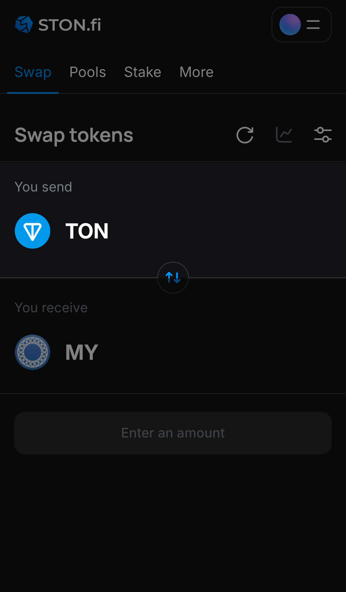 Choose a token in the ‘You send’ box — for example, TON.