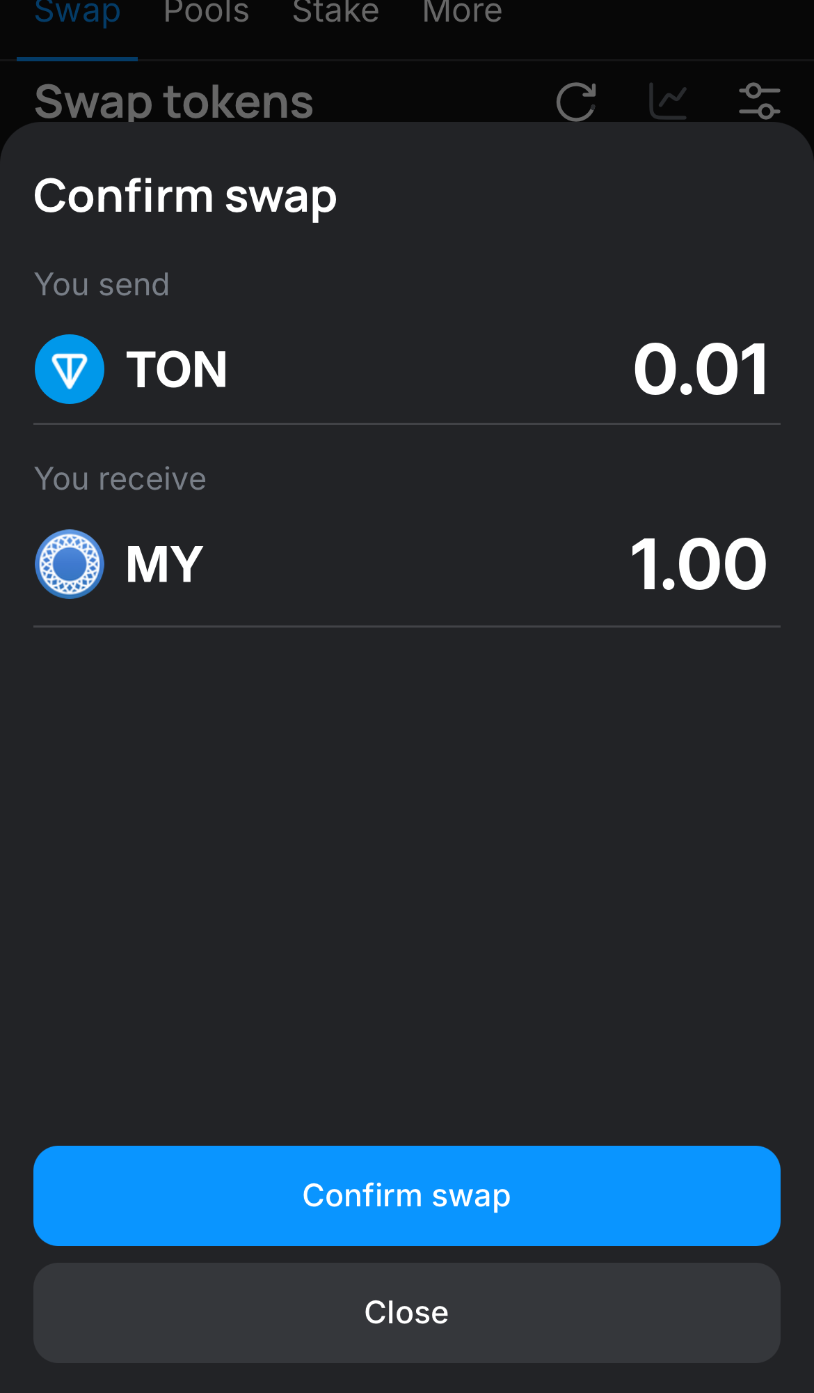 Click ‘Swap‘, double-check the details, and confirm the transaction by clicking the ‘Confirm swap‘ button.