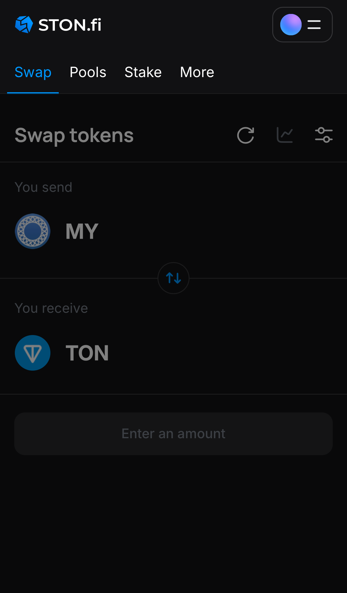 Open the STON.fi app and navigate to the ‘Swap‘ tab.