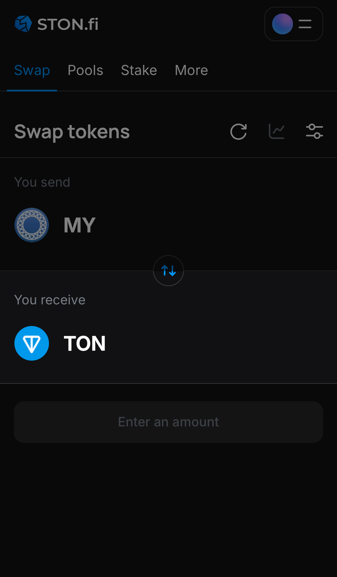 Choose a token in the ‘You receive’ box — for example, TON.