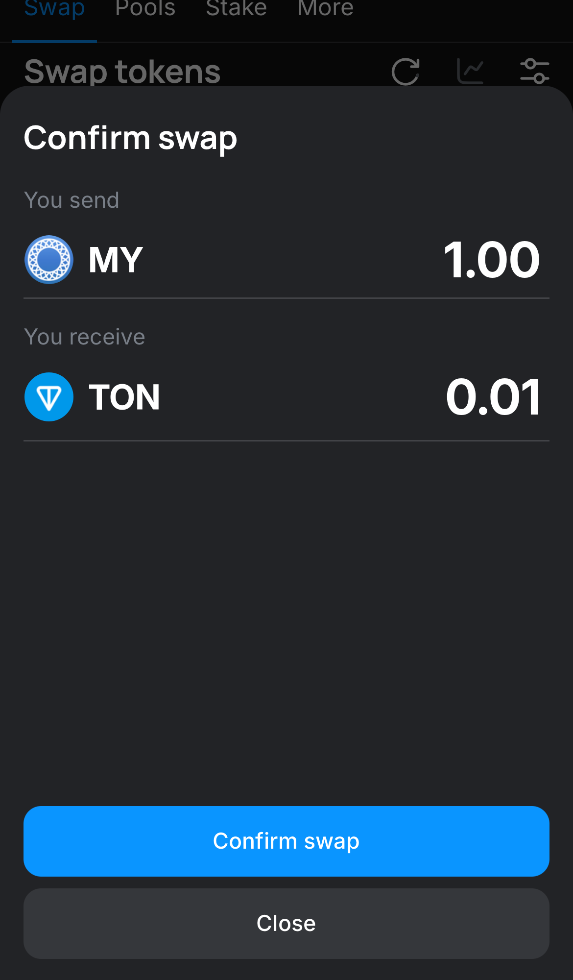 Click ‘Swap‘, double-check the details, and confirm the transaction by clicking the ‘Confirm swap‘ button.