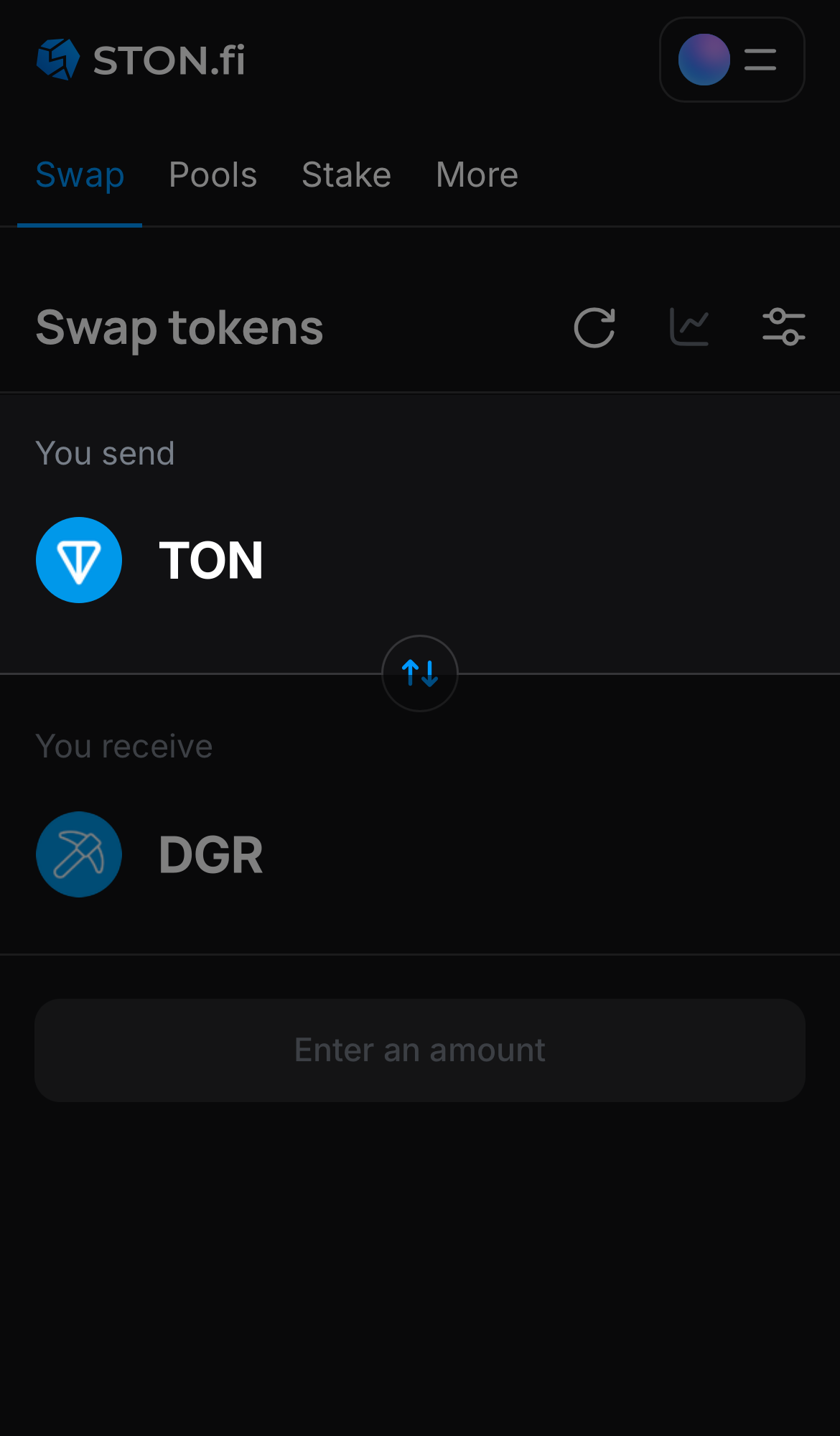 Choose a token in the ‘You send’ box — for example, TON.