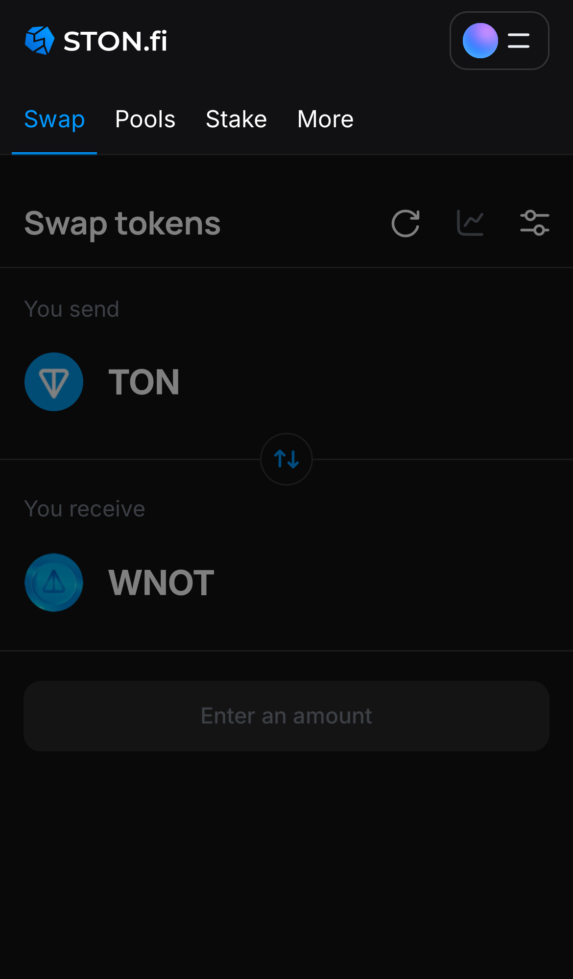 Open the STON.fi app and navigate to the ‘Swap‘ tab.