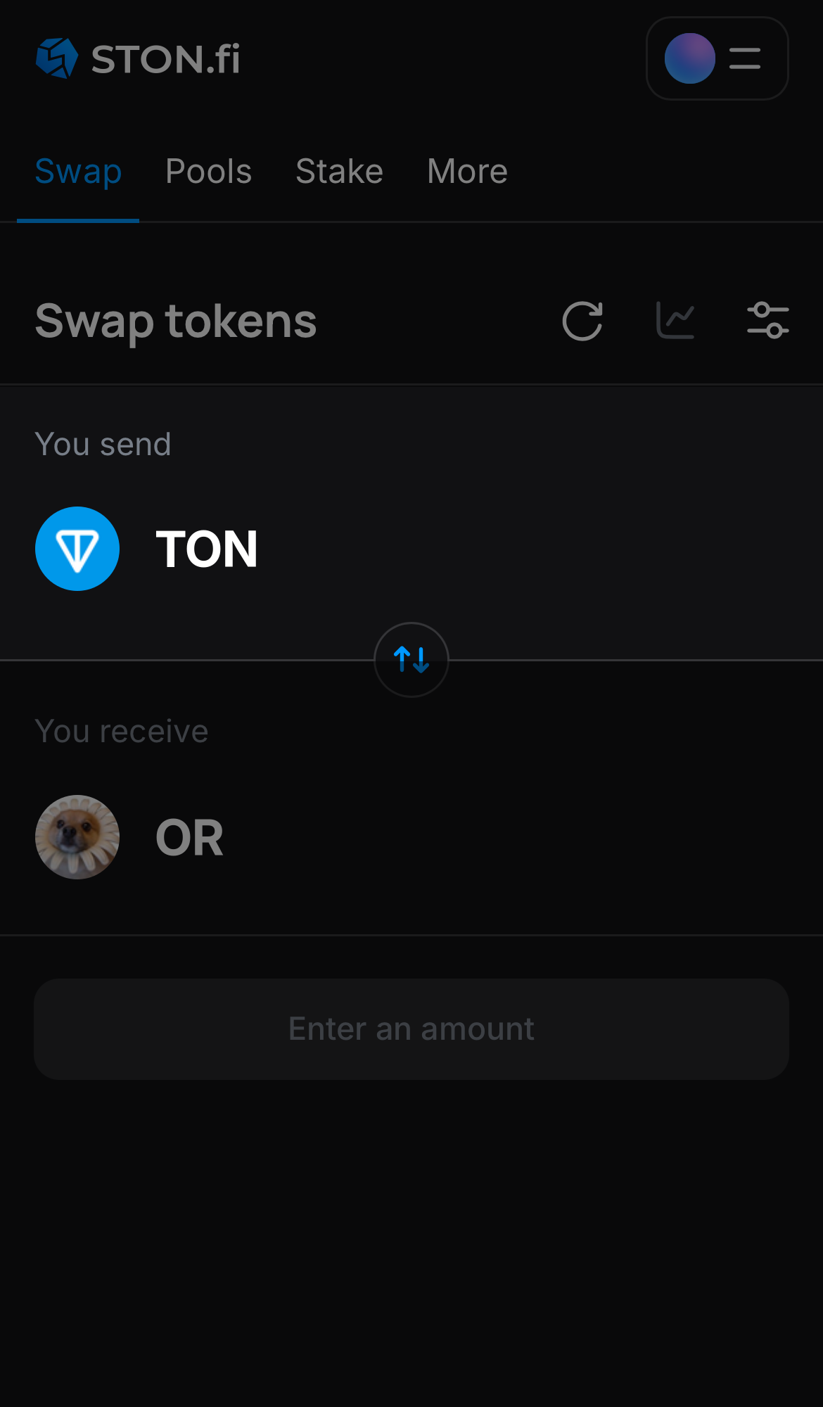 یک توکن را در جعبه ‘You send’ انتخاب کنید — برای مثال، TON.