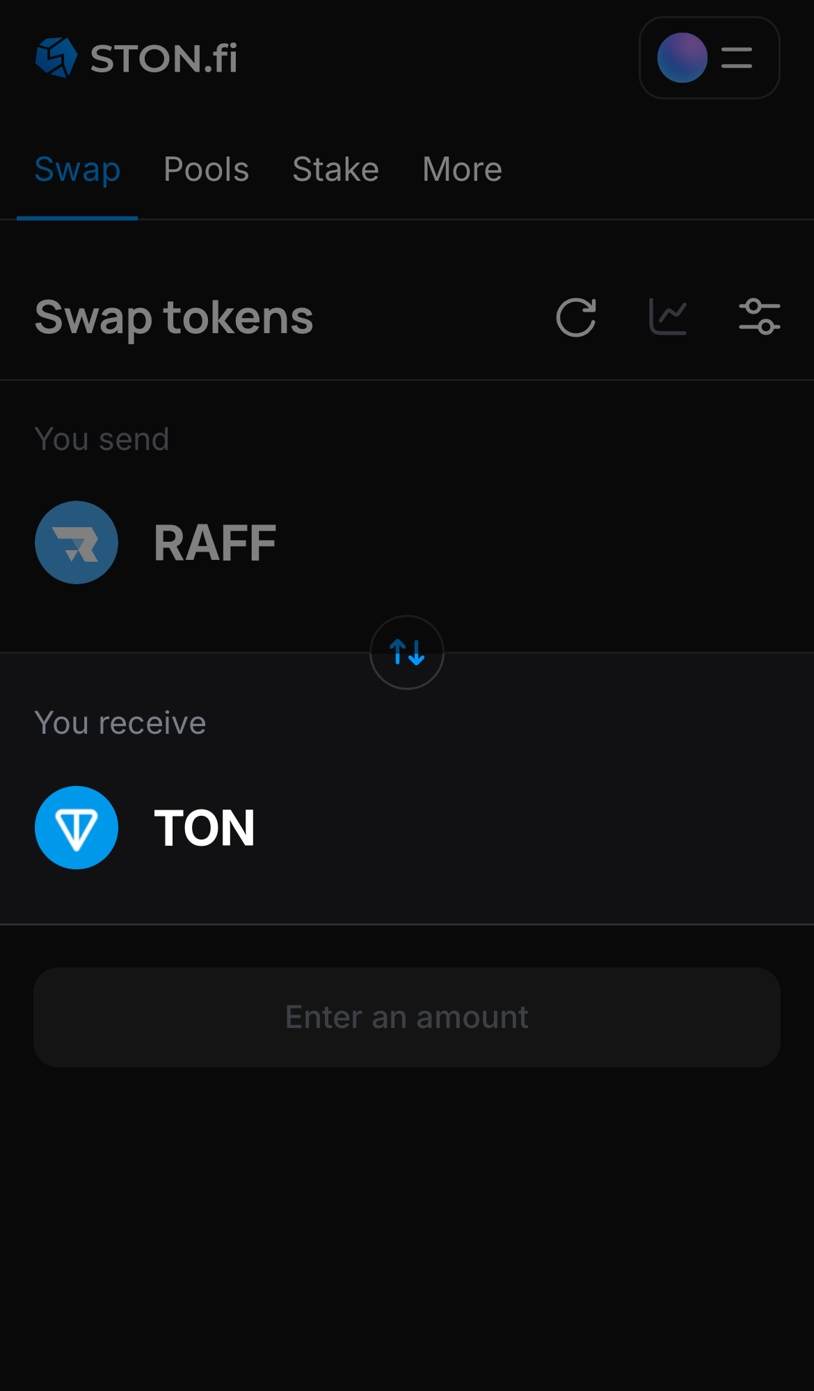 اختر رمزًا في مربع "You receive" — على سبيل المثال، TON.