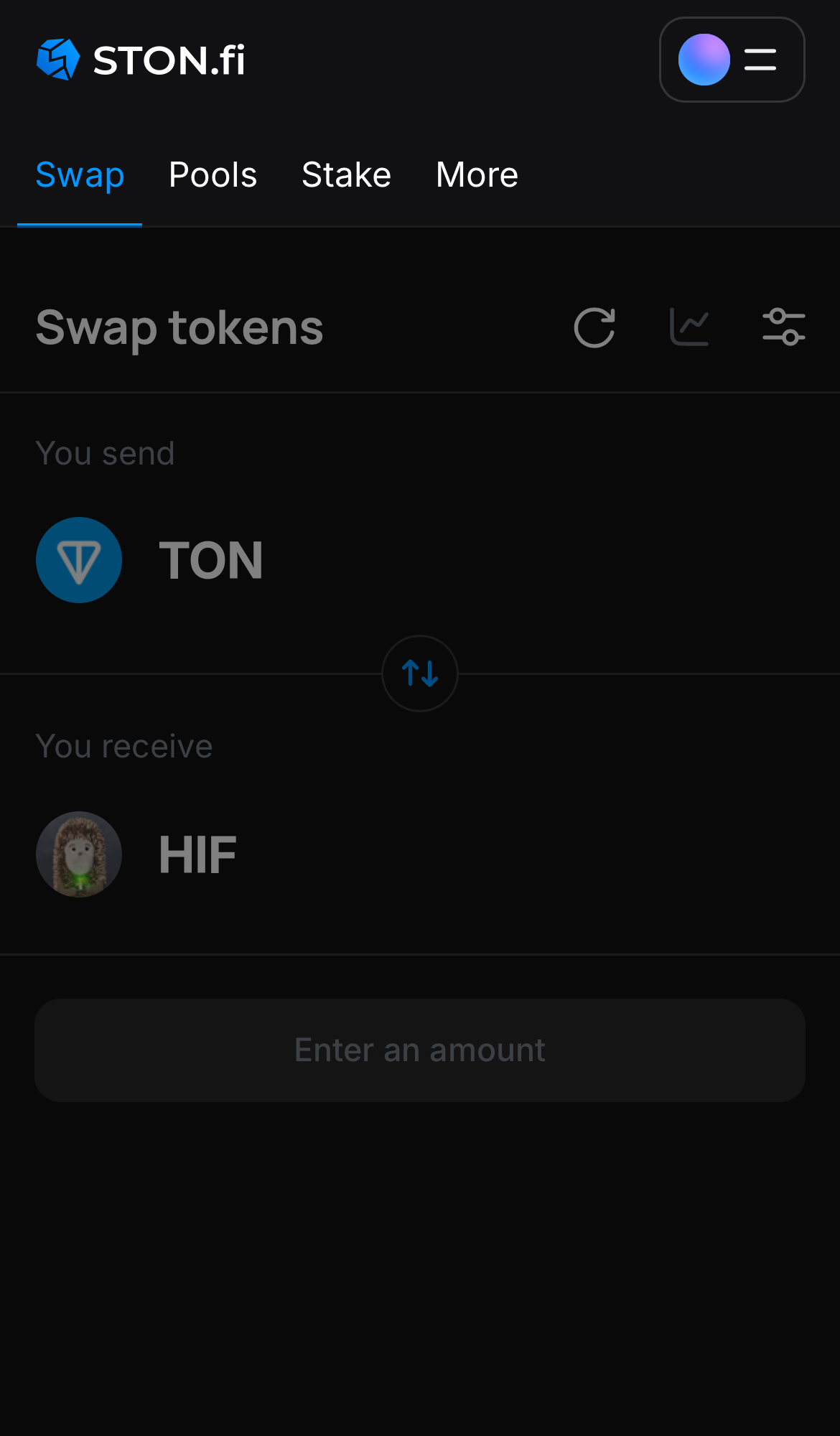 Open the STON.fi app and navigate to the ‘Swap‘ tab.