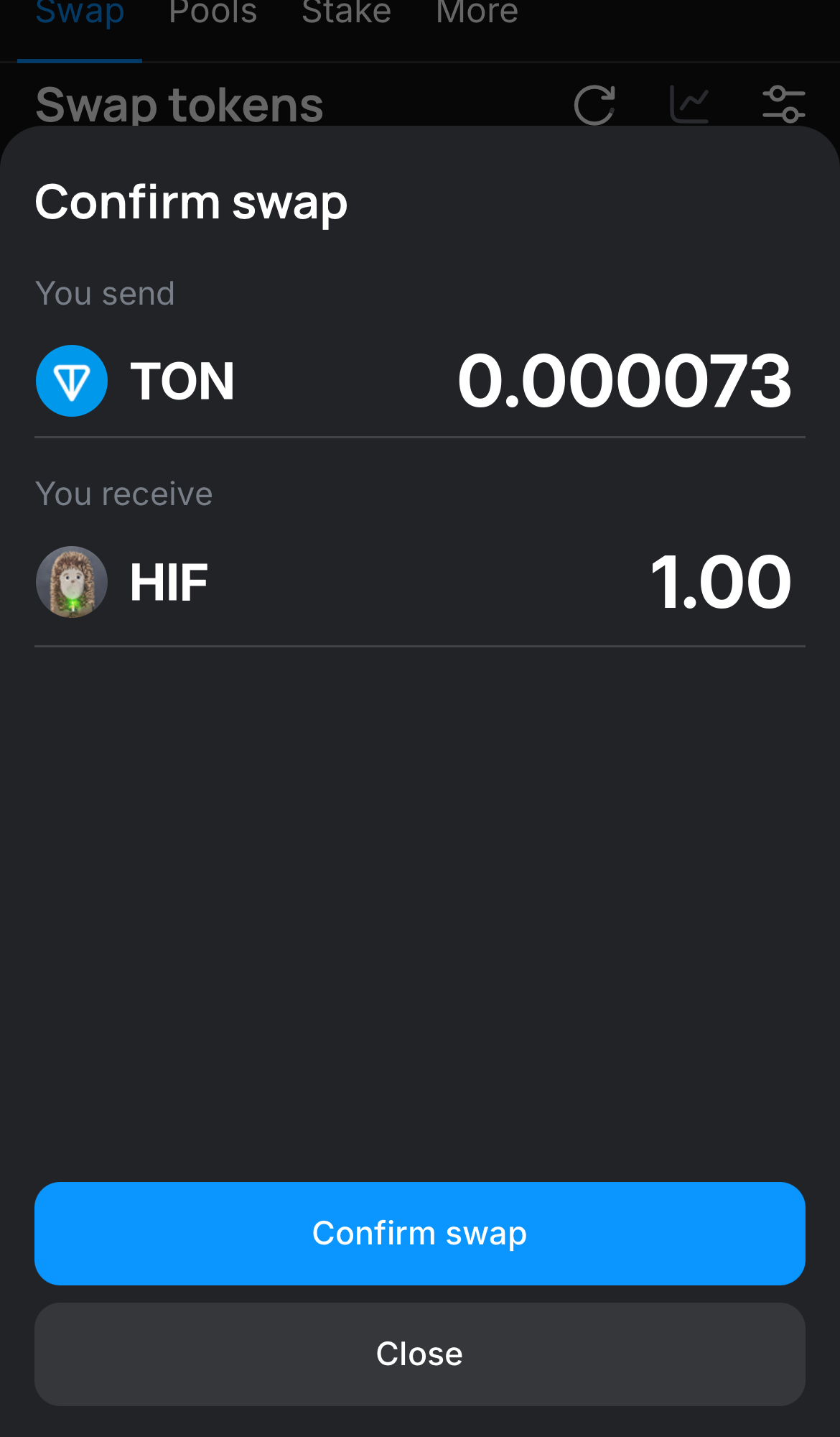 Click ‘Swap‘, double-check the details, and confirm the transaction by clicking the ‘Confirm swap‘ button.