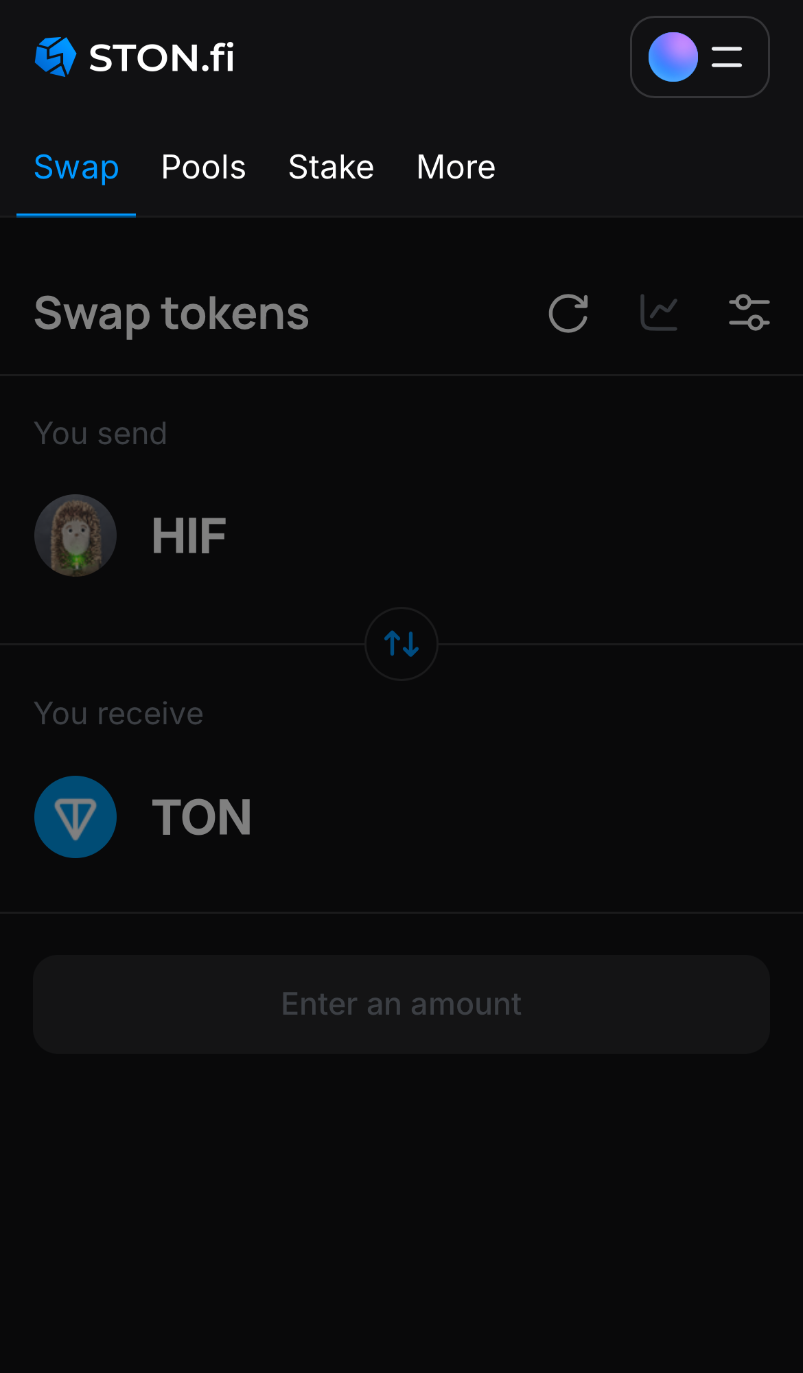 Open the STON.fi app and navigate to the ‘Swap‘ tab.