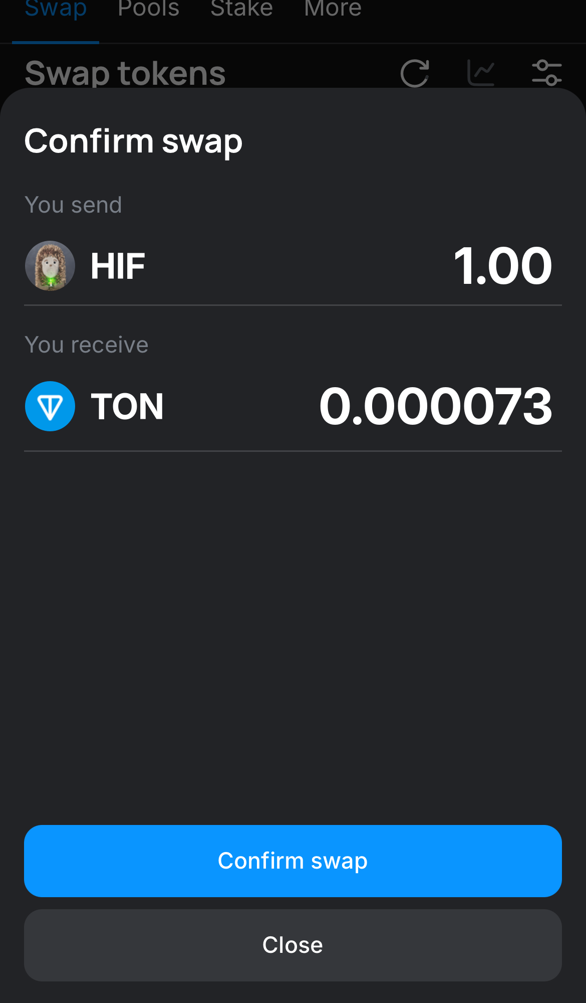 Click ‘Swap‘, double-check the details, and confirm the transaction by clicking the ‘Confirm swap‘ button.