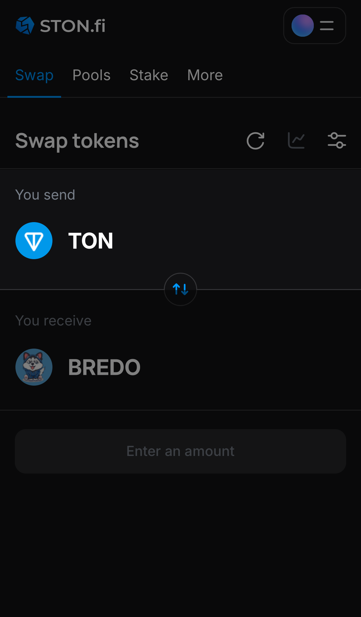Choose a token in the ‘You send’ box — for example, TON.