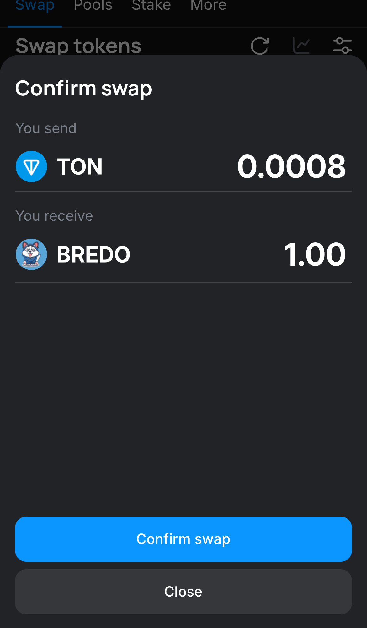 Click ‘Swap‘, double-check the details, and confirm the transaction by clicking the ‘Confirm swap‘ button.