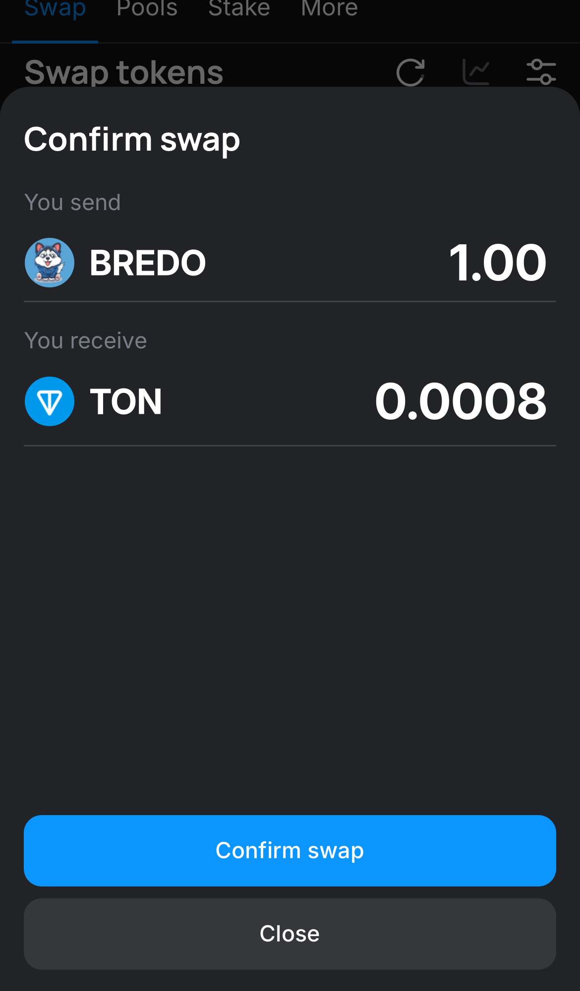 Click ‘Swap‘, double-check the details, and confirm the transaction by clicking the ‘Confirm swap‘ button.