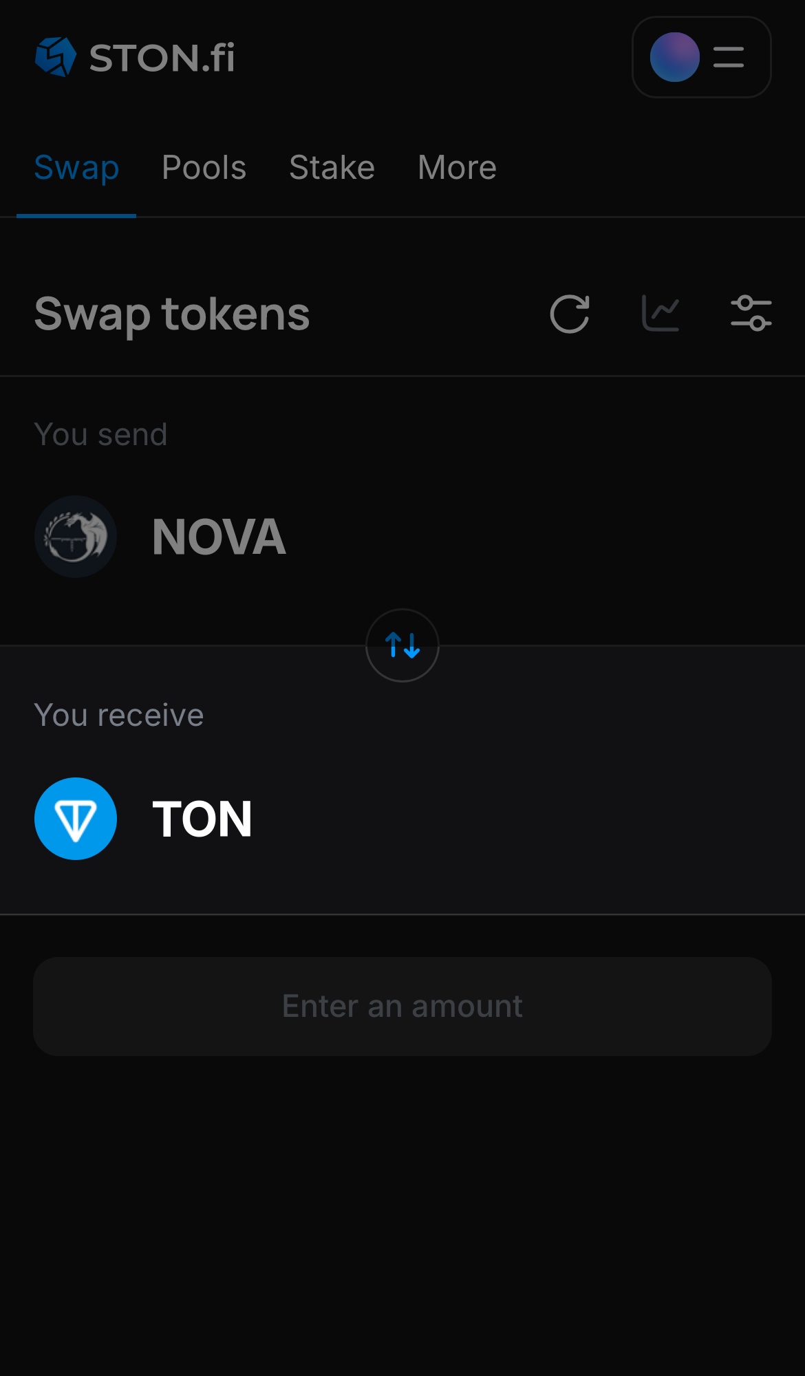 اختر رمزًا في مربع "You receive" — على سبيل المثال، TON.