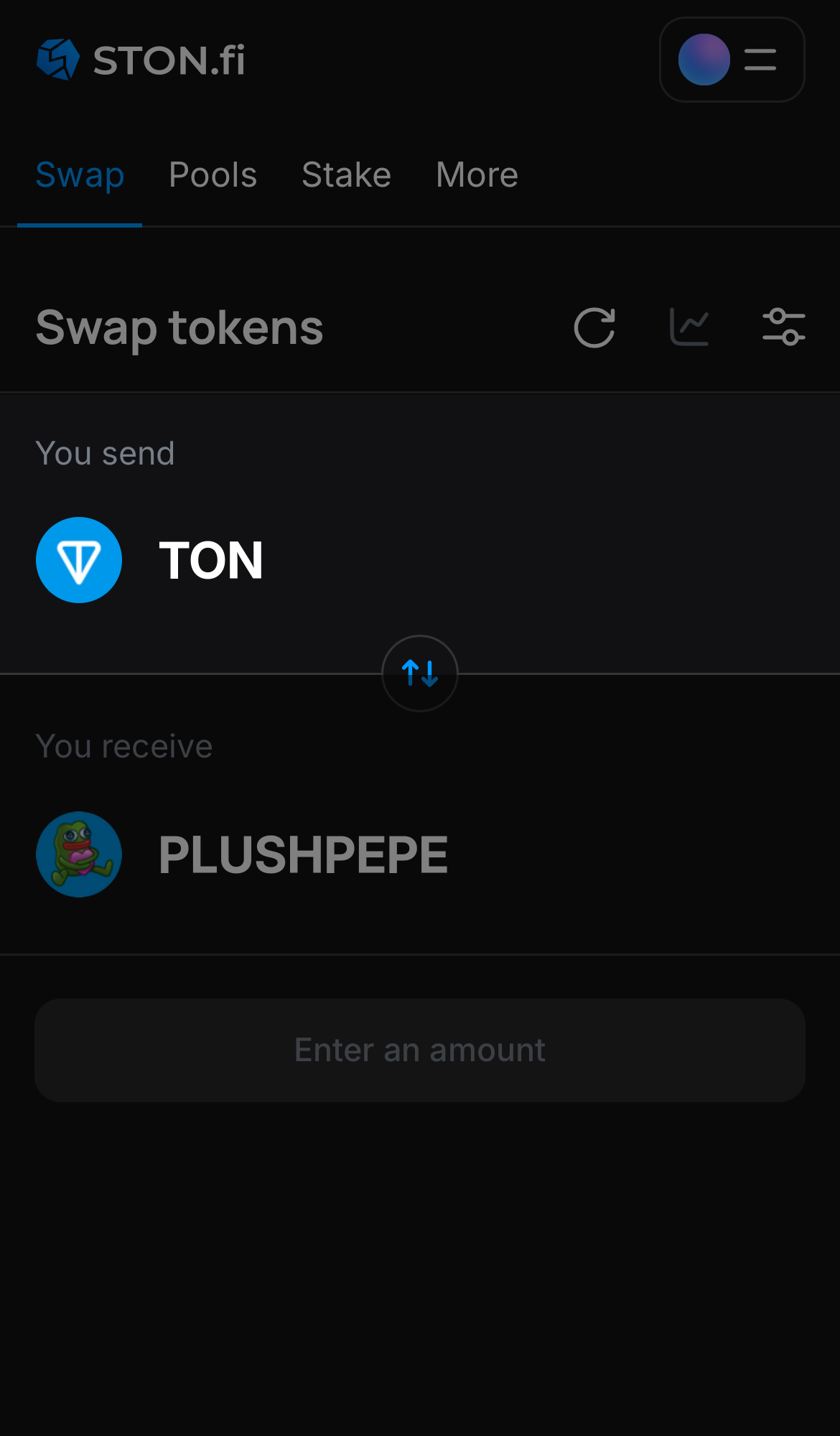 اختر رمزًا في مربع "You send" — على سبيل المثال، TON.