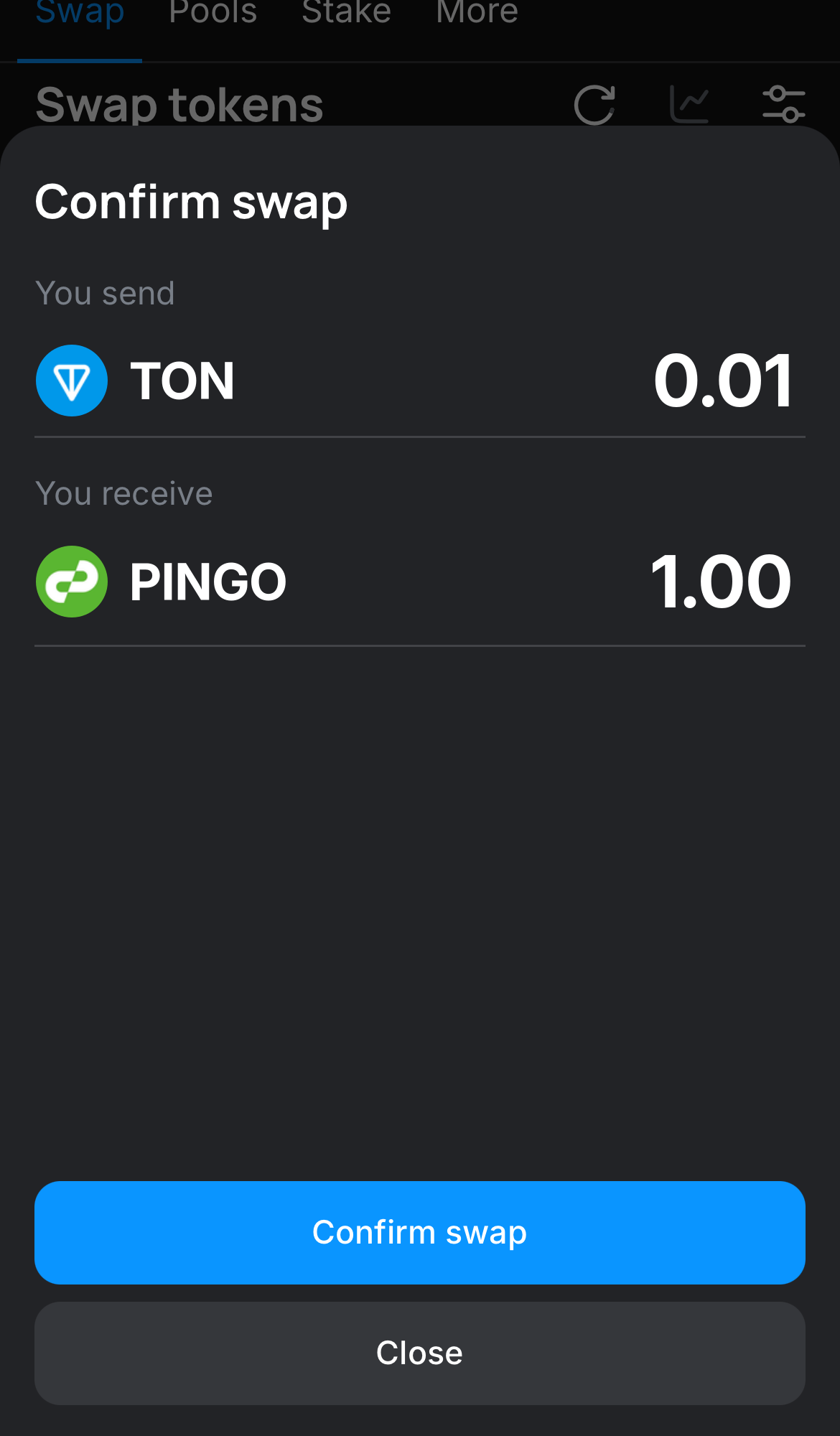Click ‘Swap‘, double-check the details, and confirm the transaction by clicking the ‘Confirm swap‘ button.