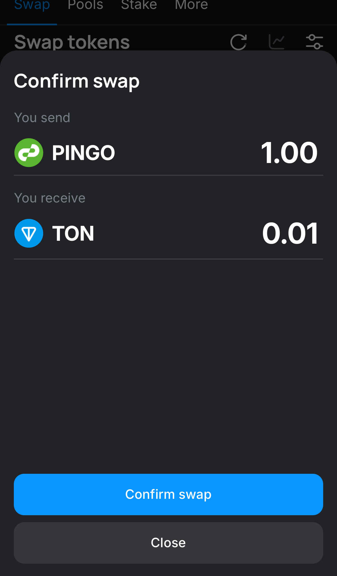 Click ‘Swap‘, double-check the details, and confirm the transaction by clicking the ‘Confirm swap‘ button.