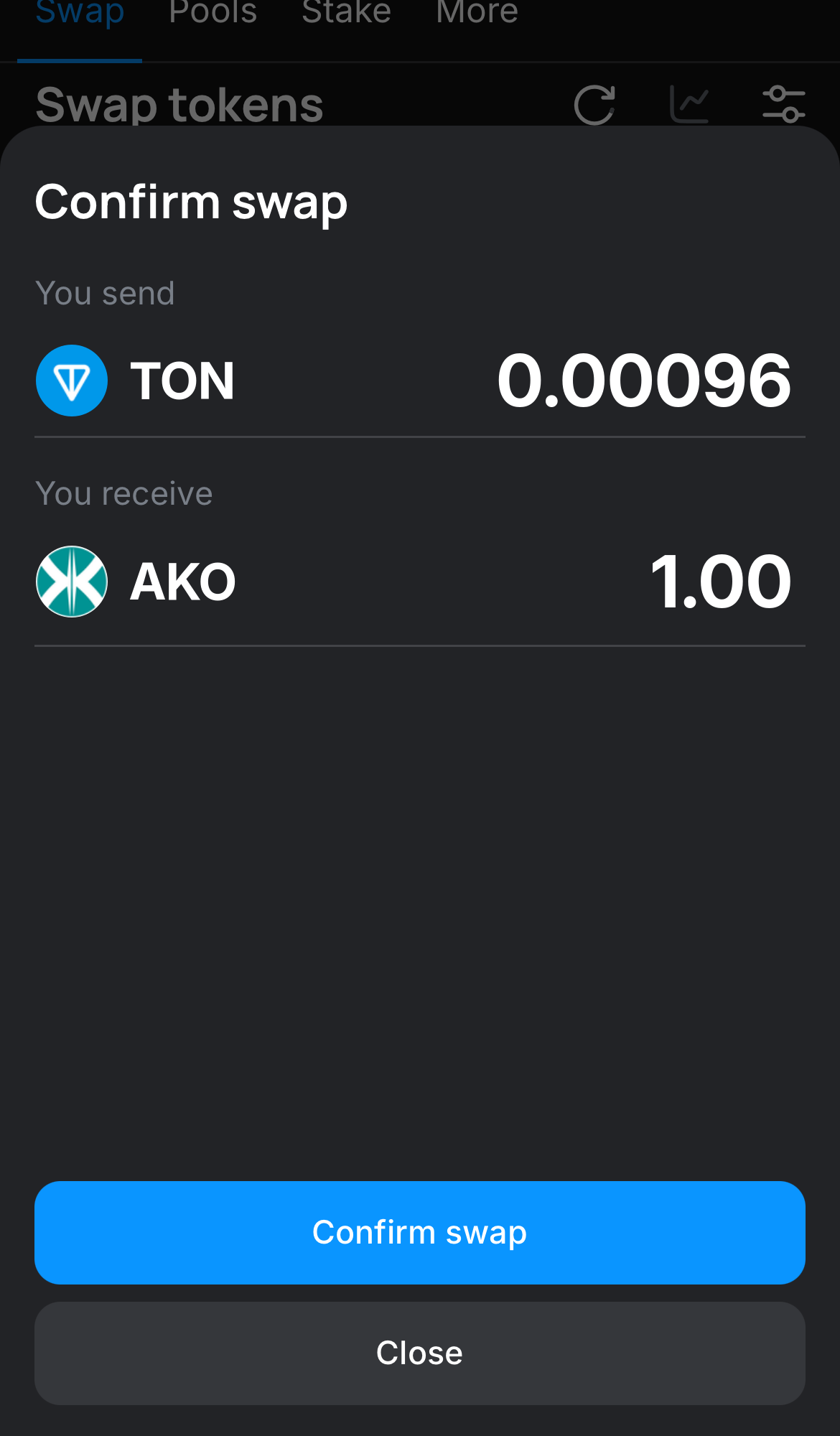 Click ‘Swap‘, double-check the details, and confirm the transaction by clicking the ‘Confirm swap‘ button.