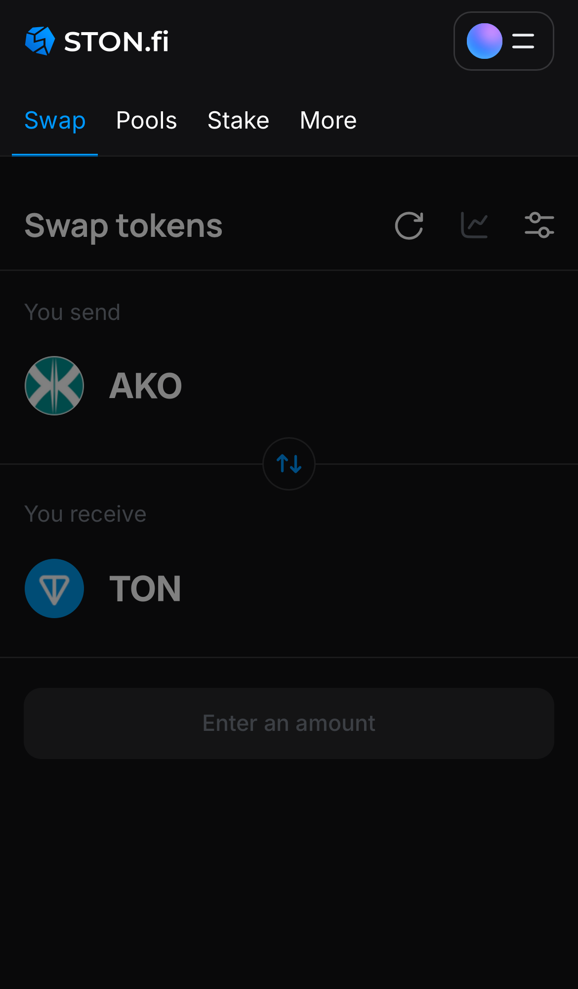 Open the STON.fi app and navigate to the ‘Swap‘ tab.