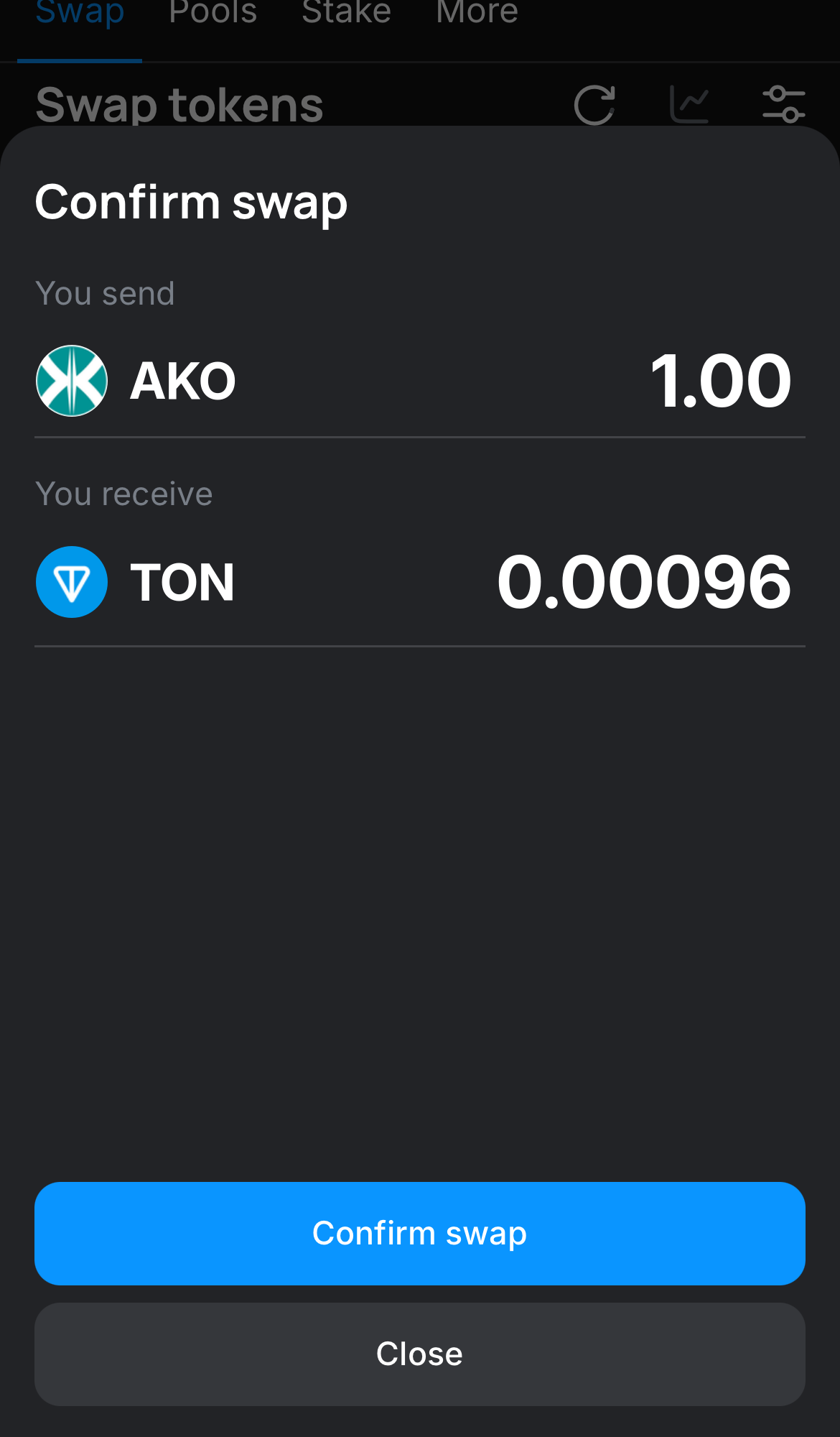 Click ‘Swap‘, double-check the details, and confirm the transaction by clicking the ‘Confirm swap‘ button.