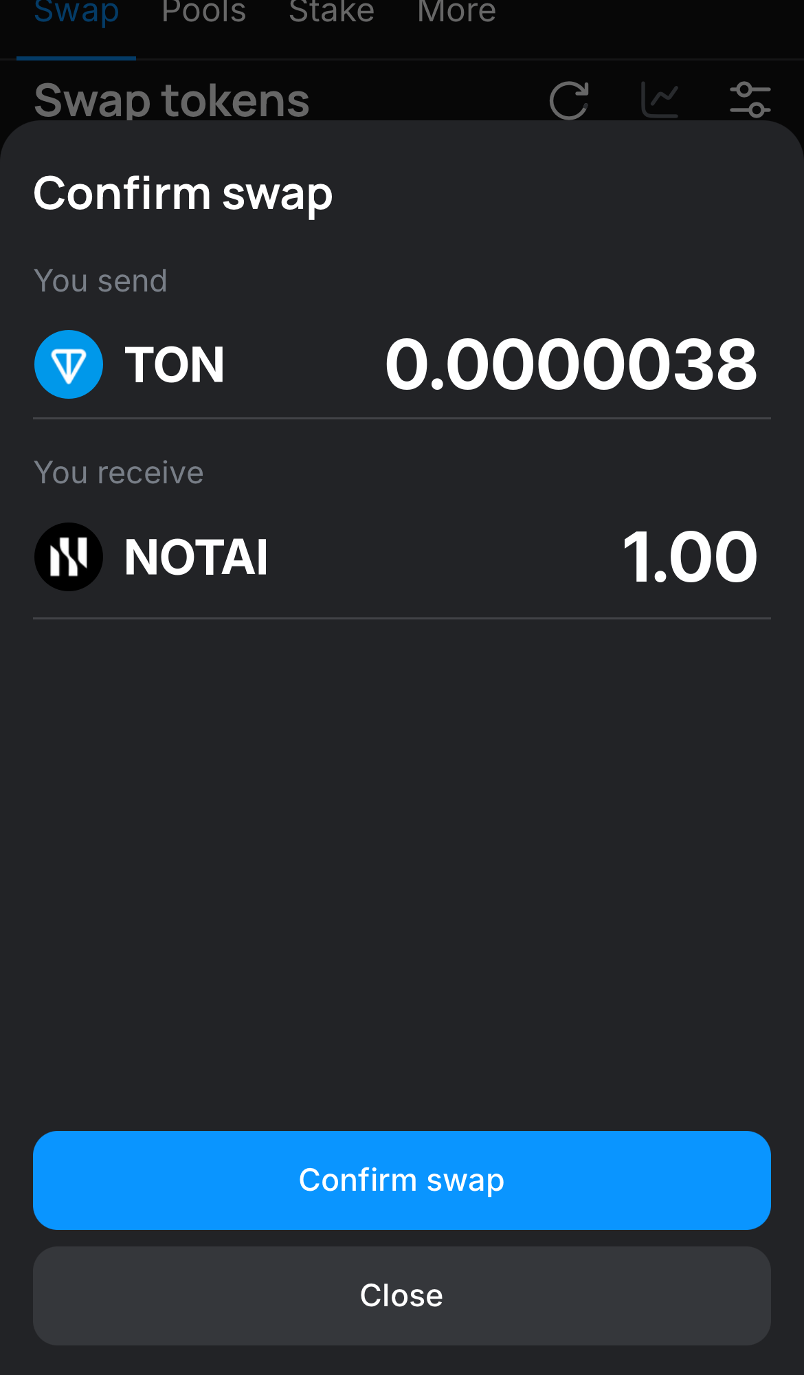 Click ‘Swap‘, double-check the details, and confirm the transaction by clicking the ‘Confirm swap‘ button.