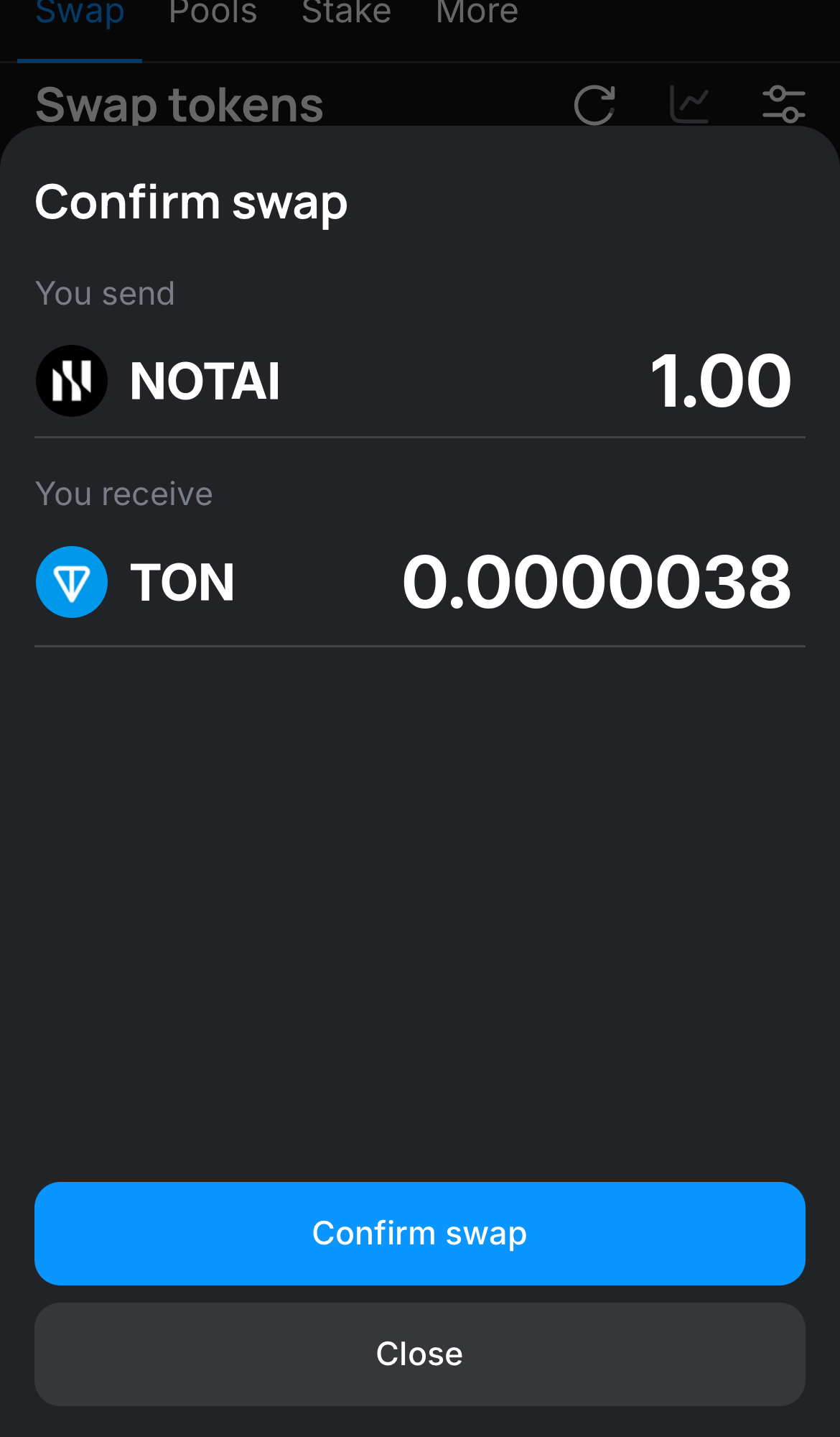 Click ‘Swap‘, double-check the details, and confirm the transaction by clicking the ‘Confirm swap‘ button.