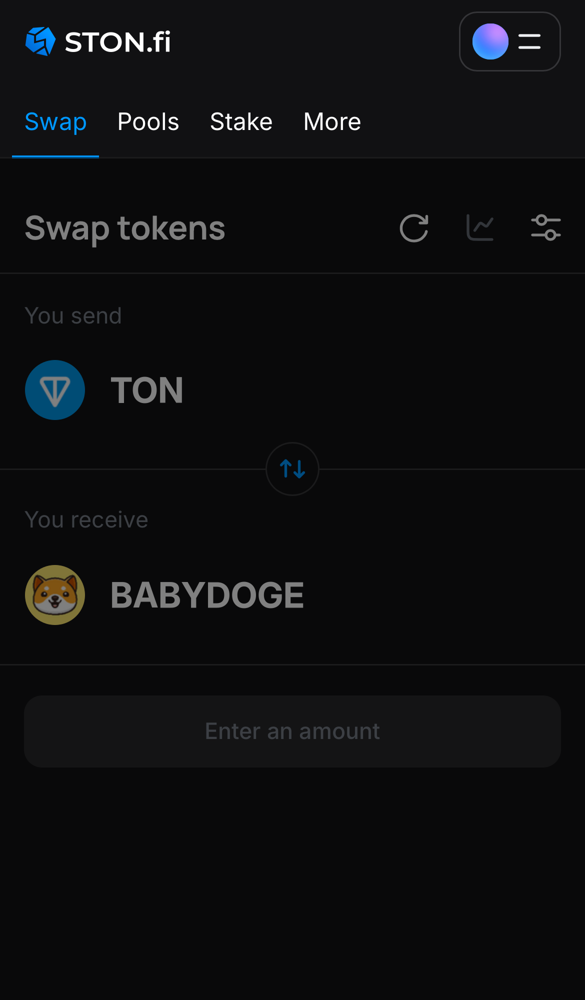 Open the STON.fi app and navigate to the ‘Swap‘ tab.