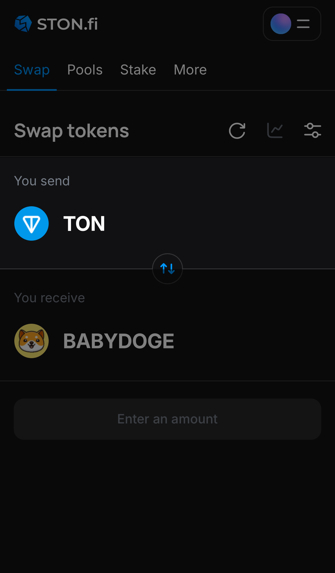 Choose a token in the ‘You send’ box — for example, TON.