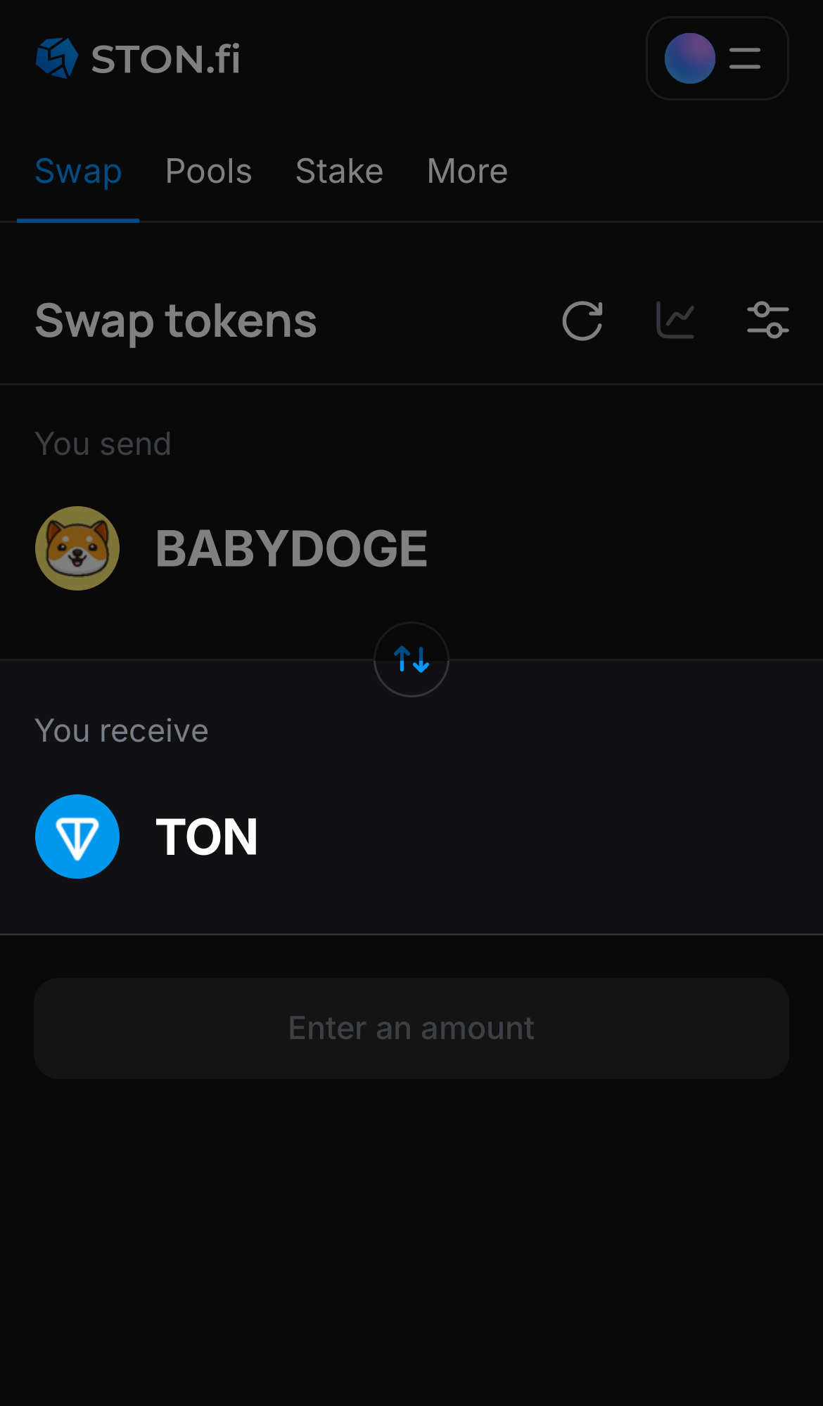 Choose a token in the ‘You receive’ box — for example, TON.