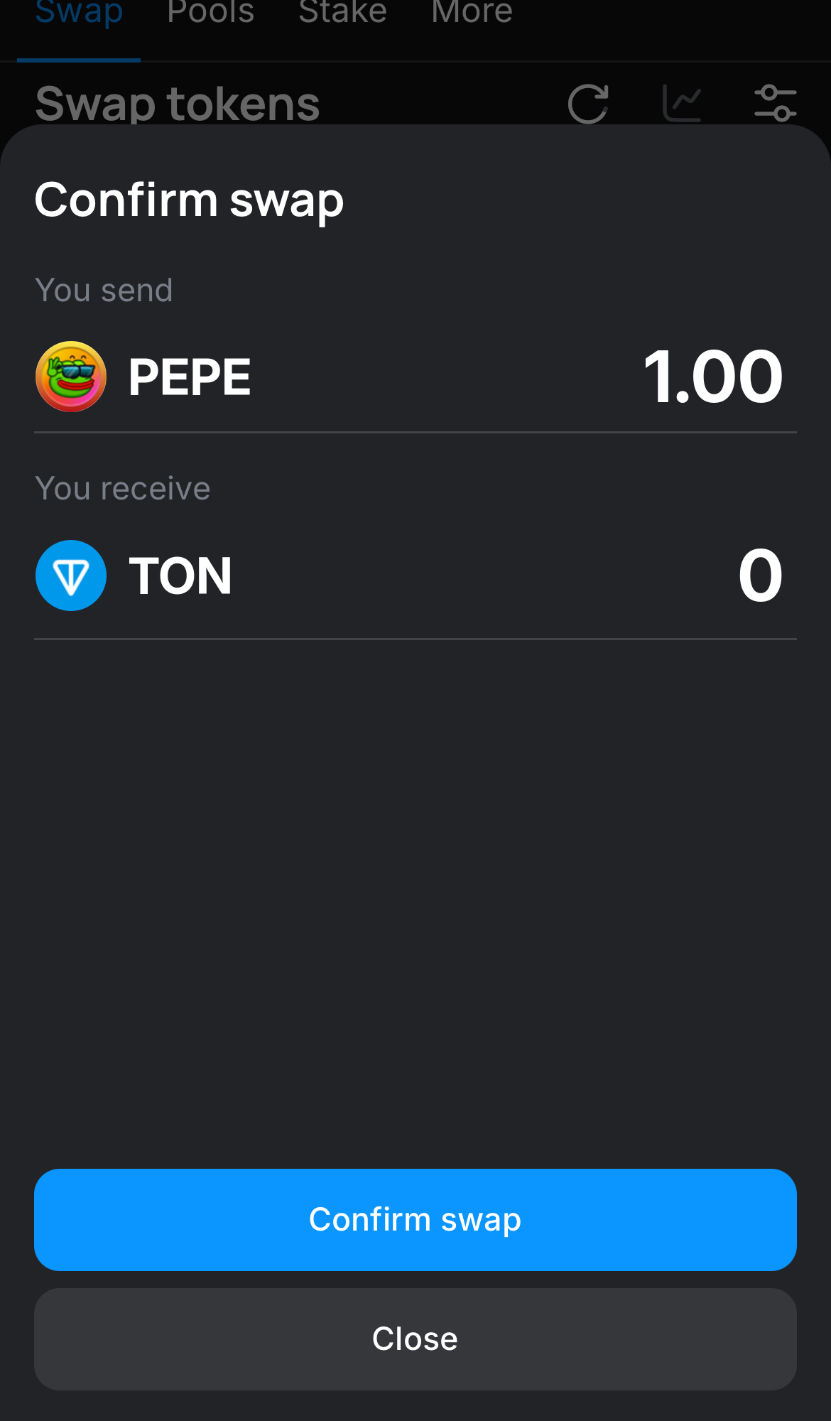 Click ‘Swap‘, double-check the details, and confirm the transaction by clicking the ‘Confirm swap‘ button.