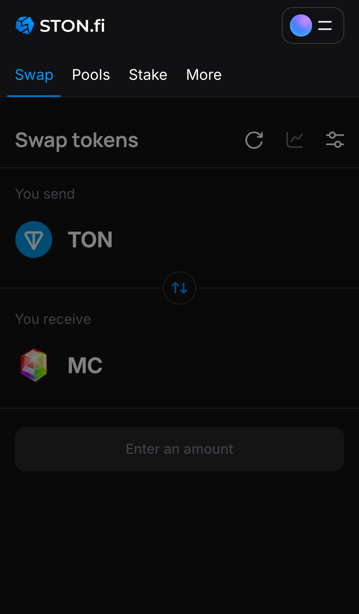 برنامه STON.fi را باز کنید و به زبانه ‘Swap‘ بروید.