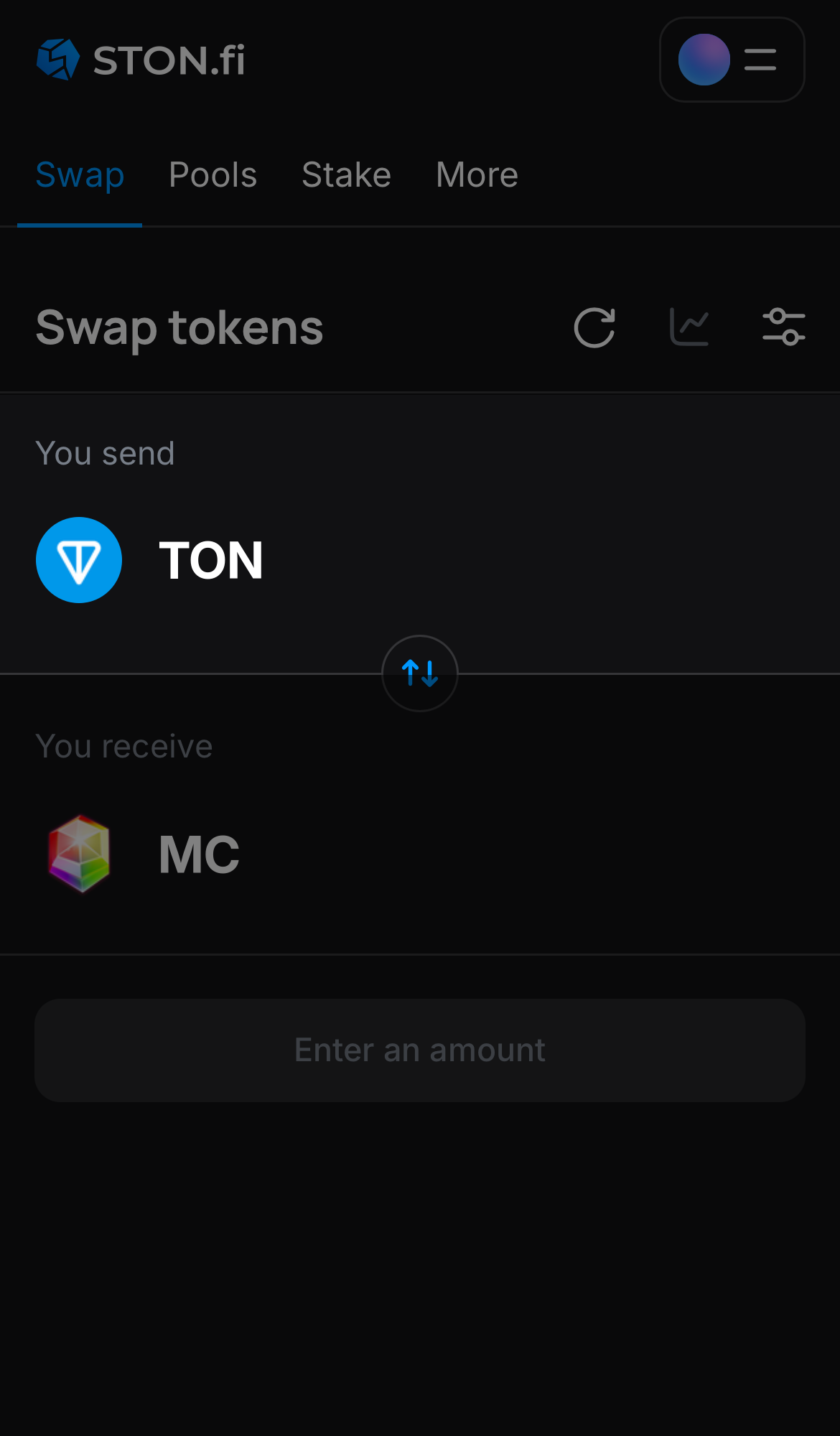 یک توکن را در جعبه ‘You send’ انتخاب کنید — برای مثال، TON.