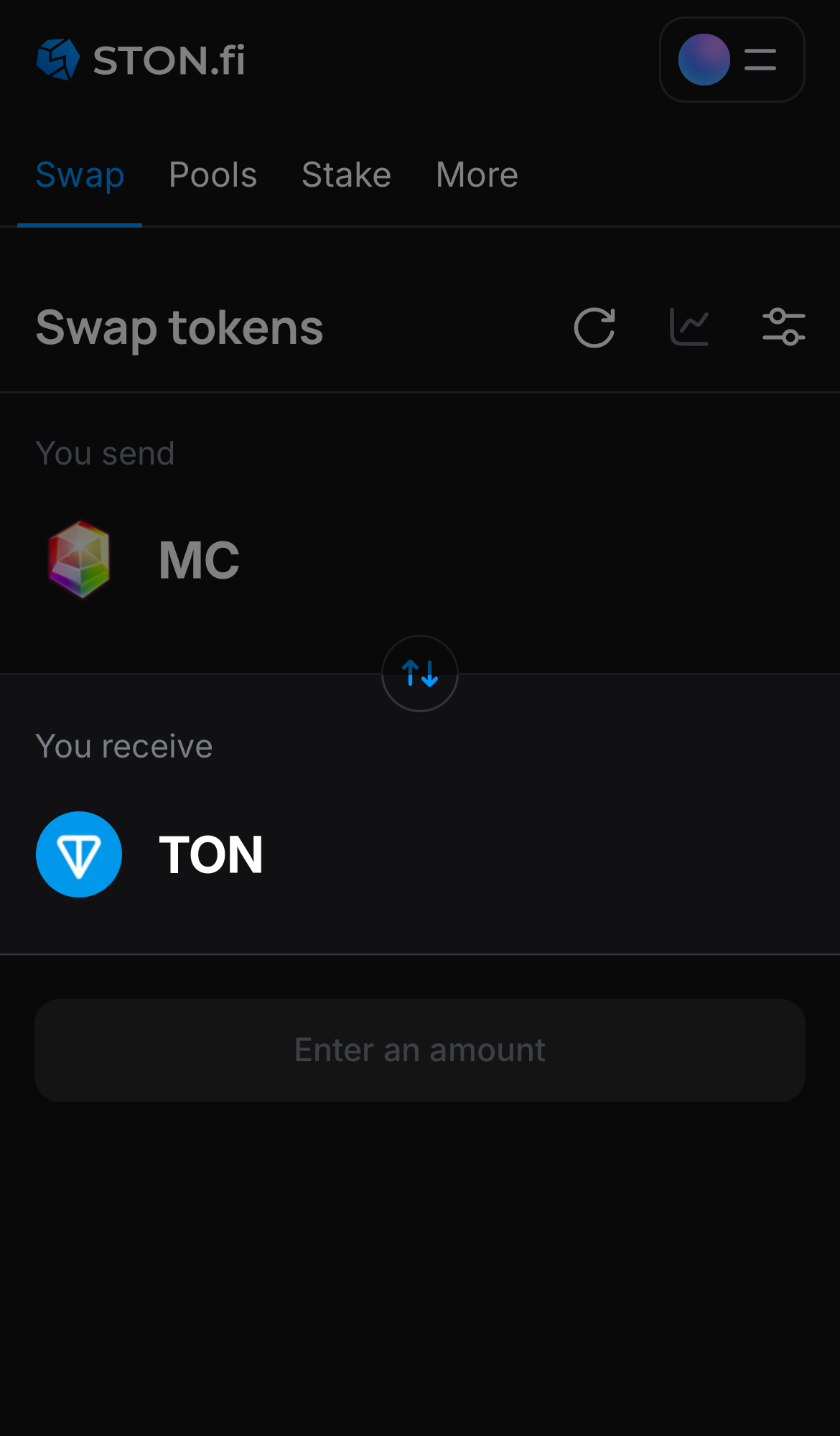 یک توکن را در جعبه ‘You receive’ انتخاب کنید — برای مثال، TON.