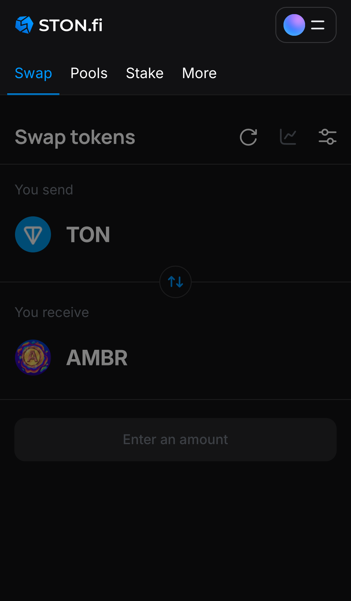 Open the STON.fi app and navigate to the ‘Swap‘ tab.