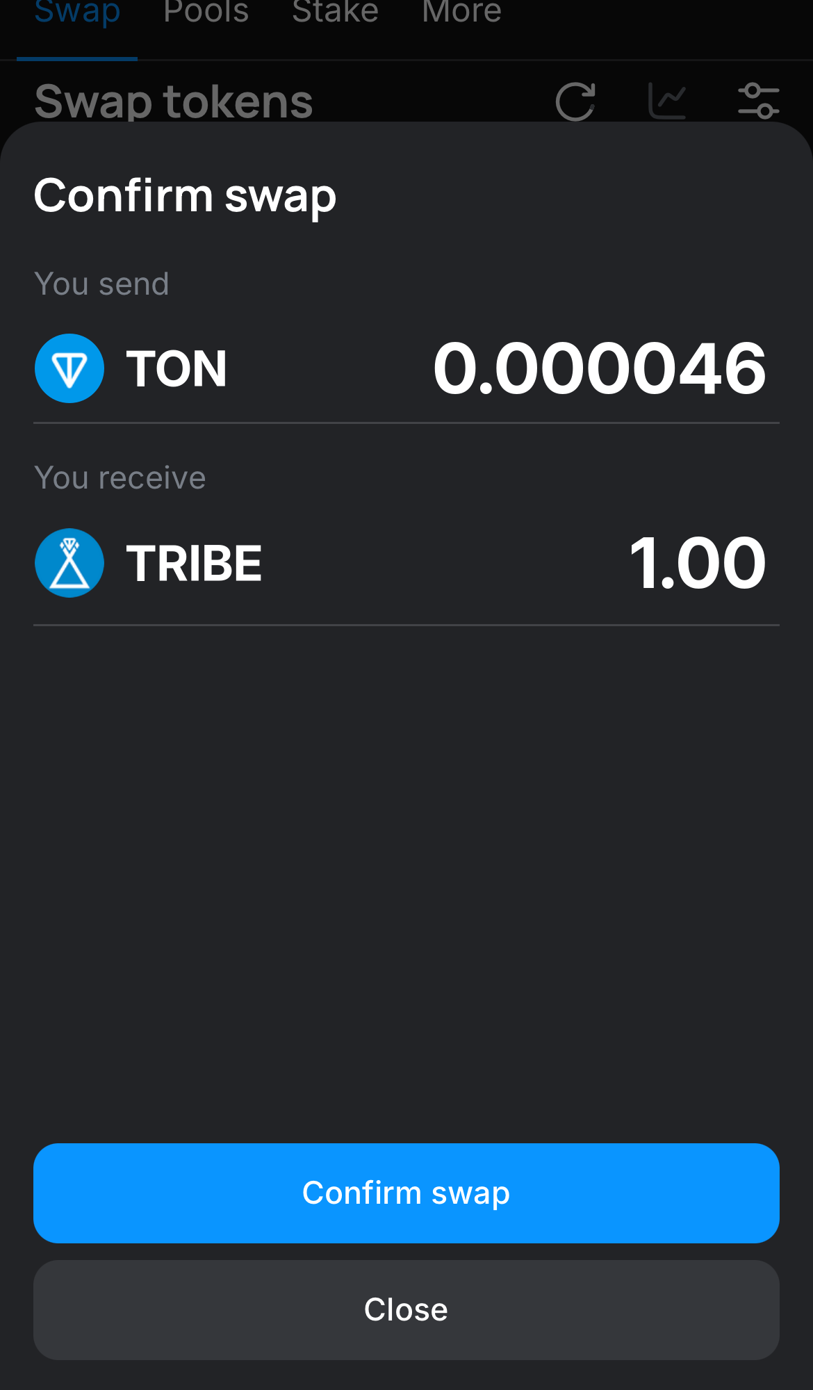 Click ‘Swap‘, double-check the details, and confirm the transaction by clicking the ‘Confirm swap‘ button.