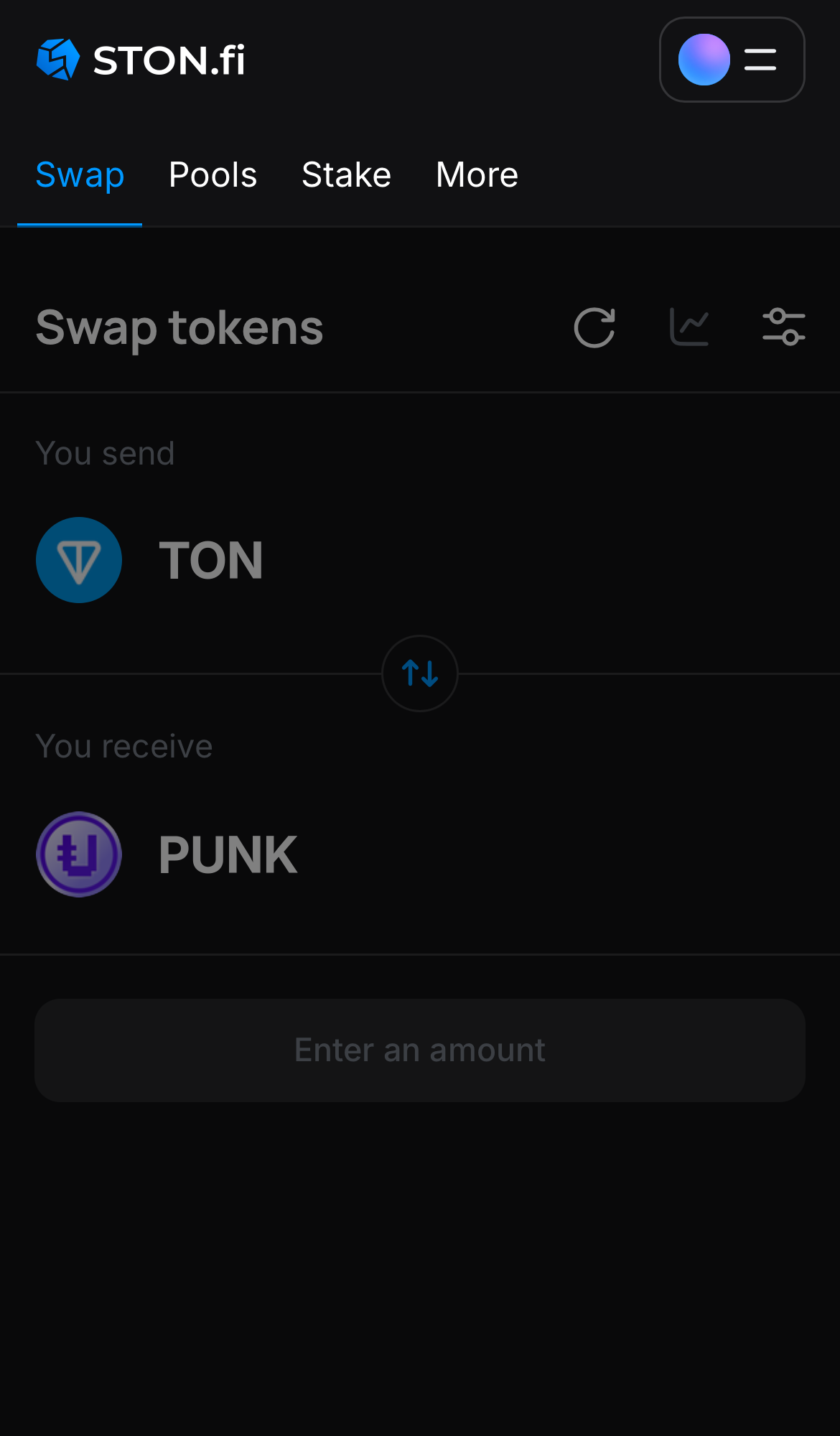 Open the STON.fi app and navigate to the ‘Swap‘ tab.