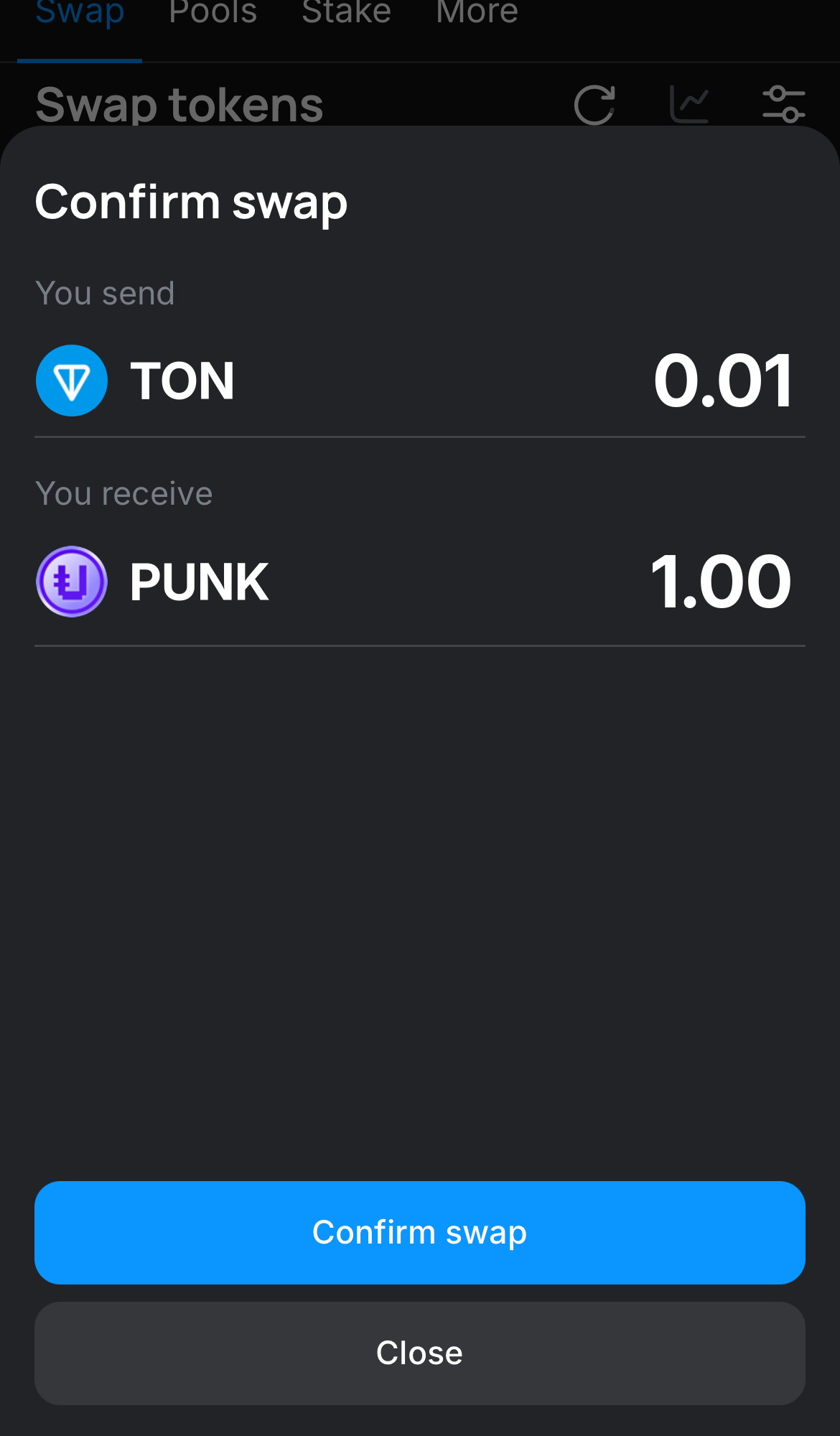 Click ‘Swap‘, double-check the details, and confirm the transaction by clicking the ‘Confirm swap‘ button.